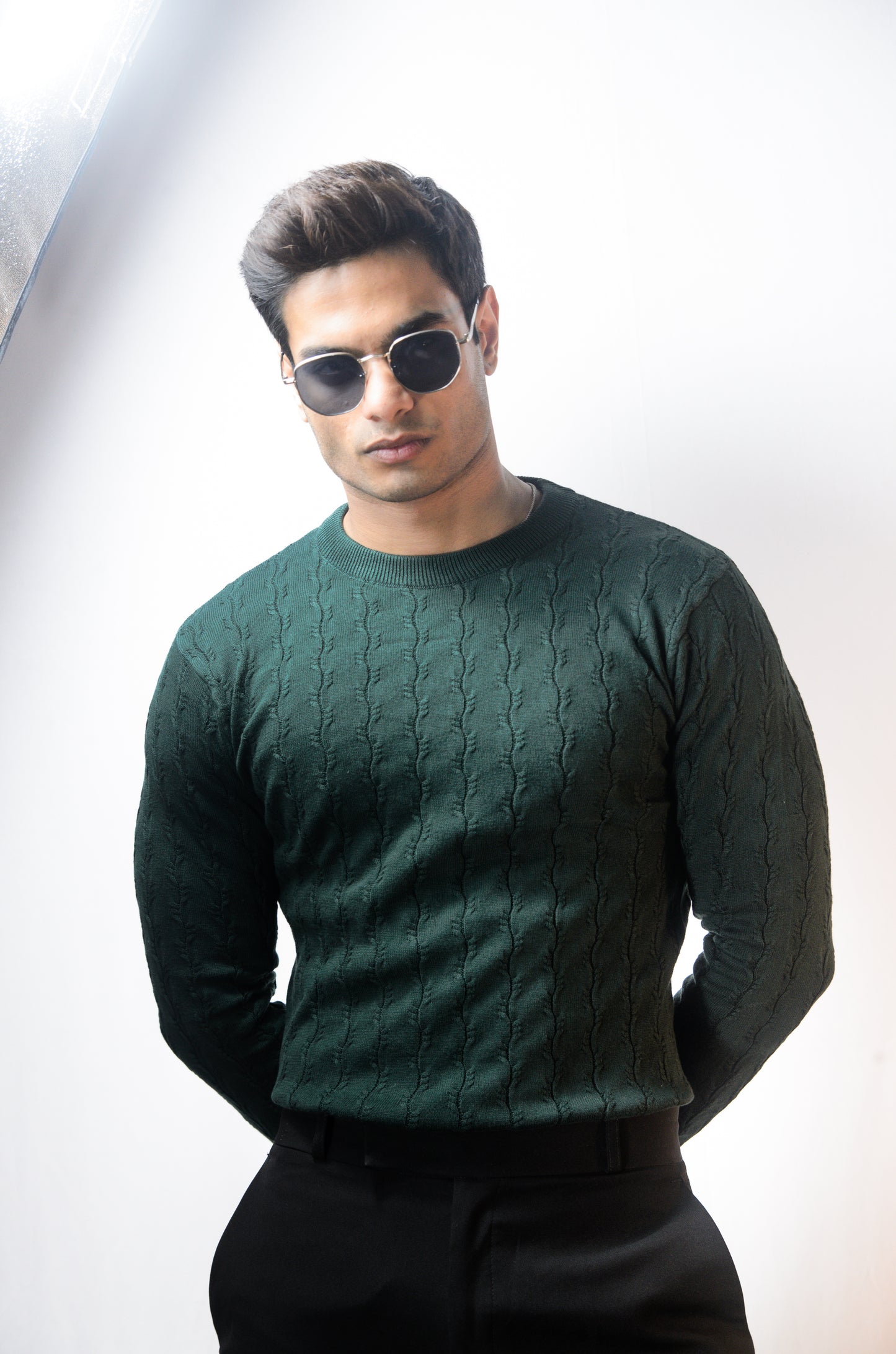 Forest Luxe Full Sleeve Knitted Tshirt - BOTTLE GREEN