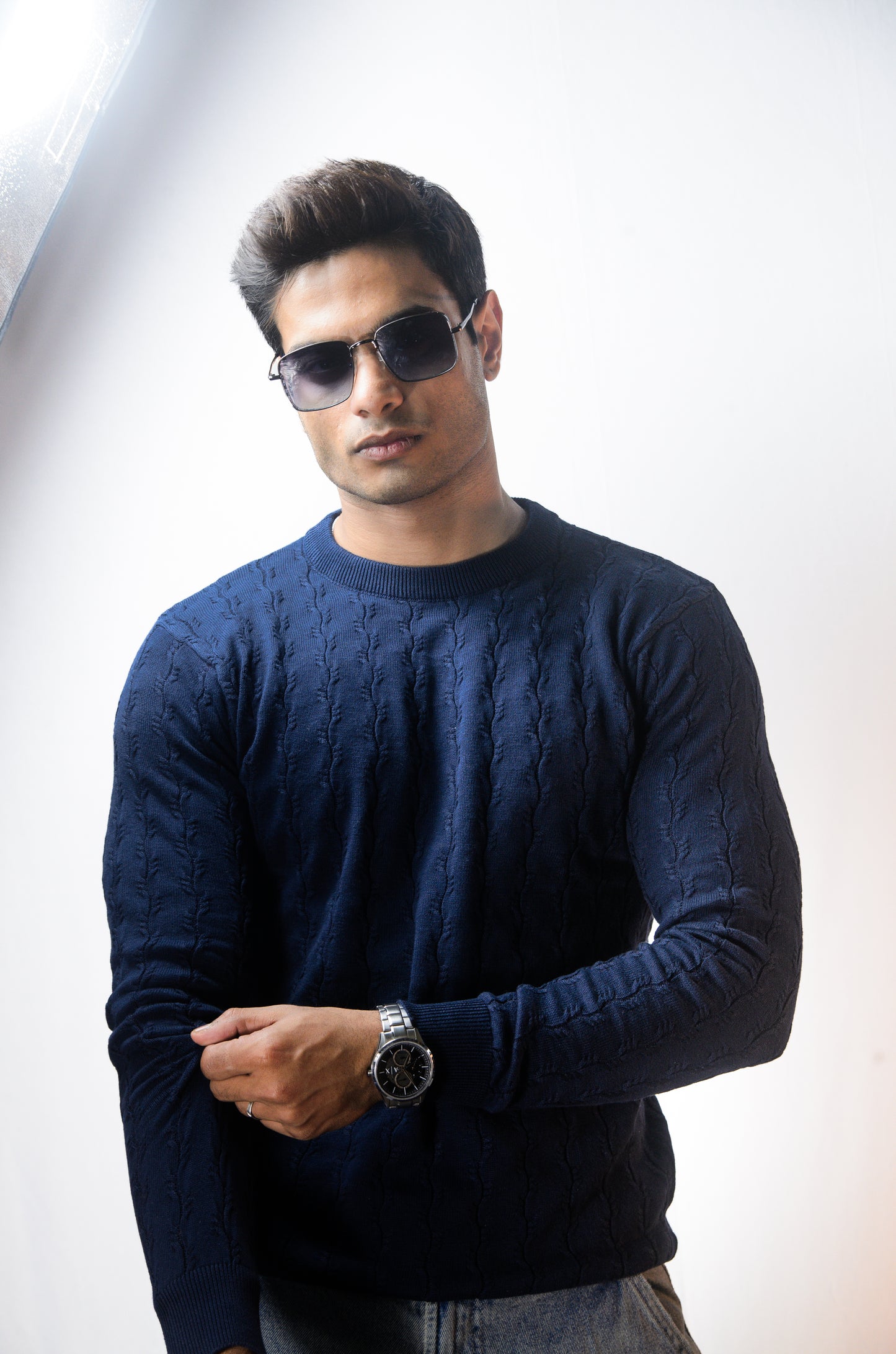 Forest Luxe Full Sleeve Knitted Tshirt - NAVY