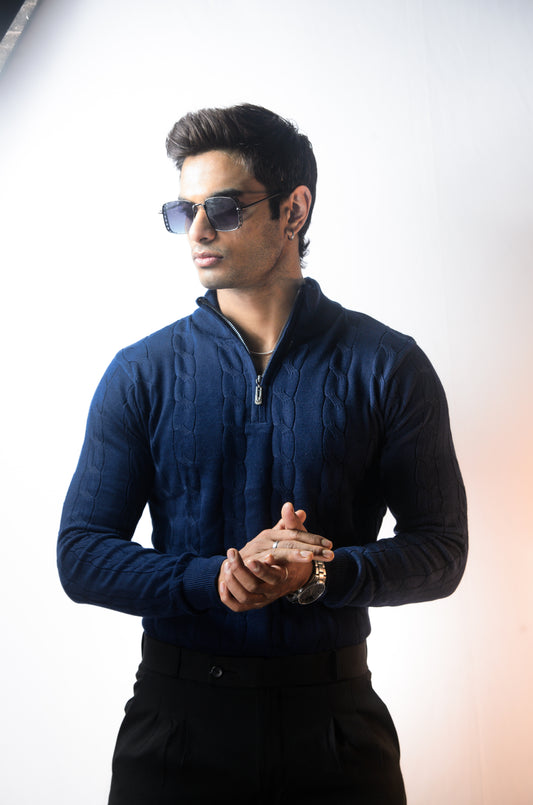 Riviera Knit Full Sleeve T-shirt- Navy Blue