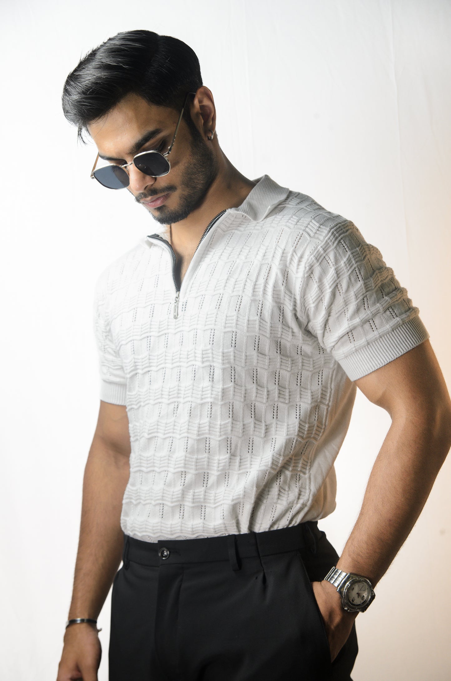 Pointel Brick Knit T-Shirt - WHITE