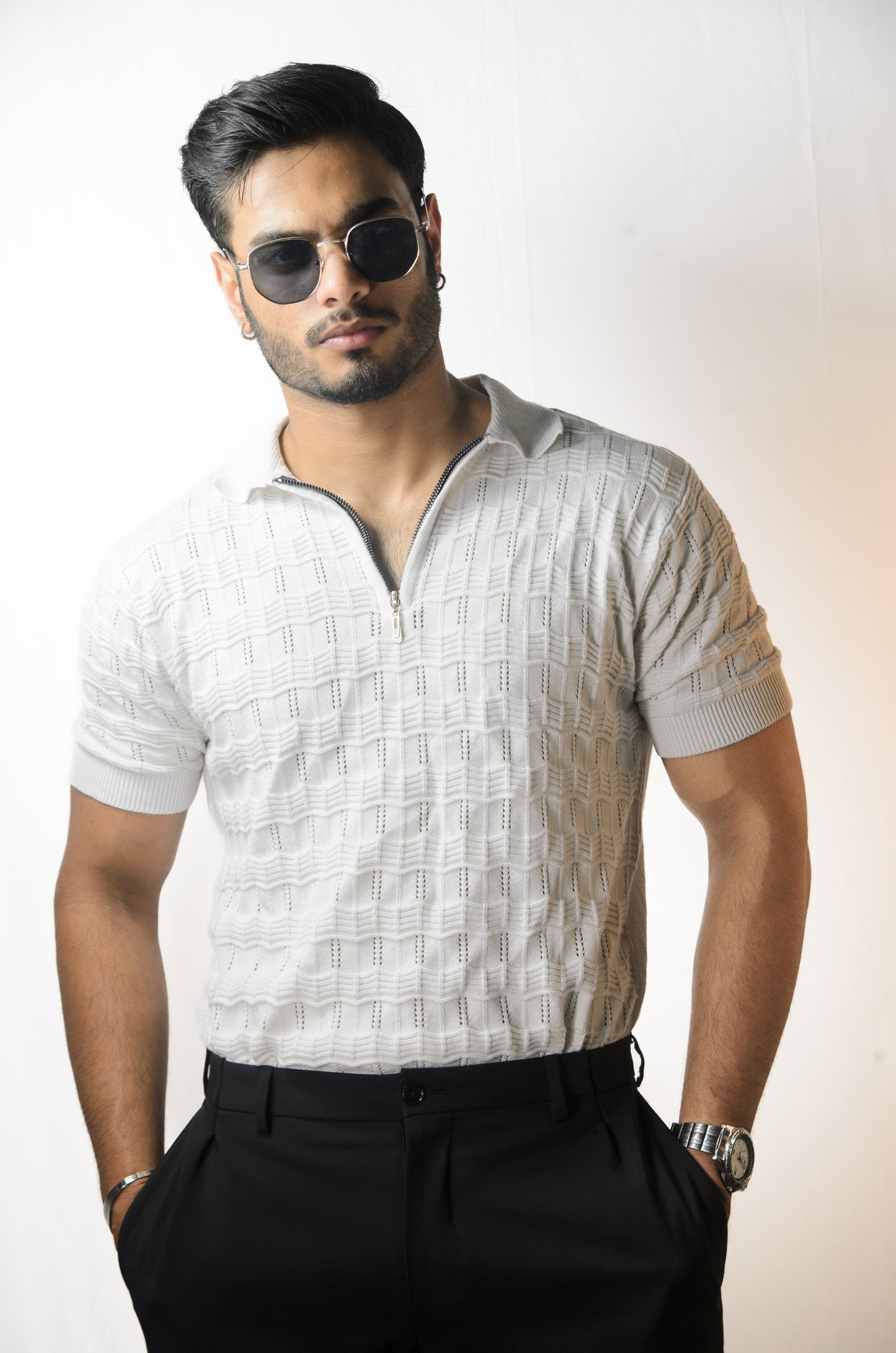 Pointel Brick Knit T-Shirt - WHITE