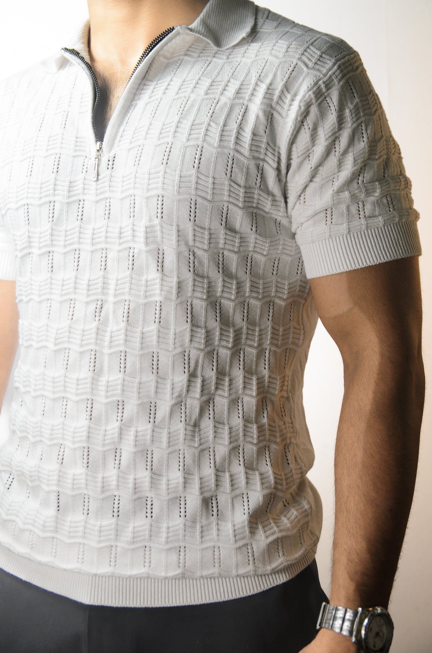 Pointel Brick Knit T-Shirt - WHITE