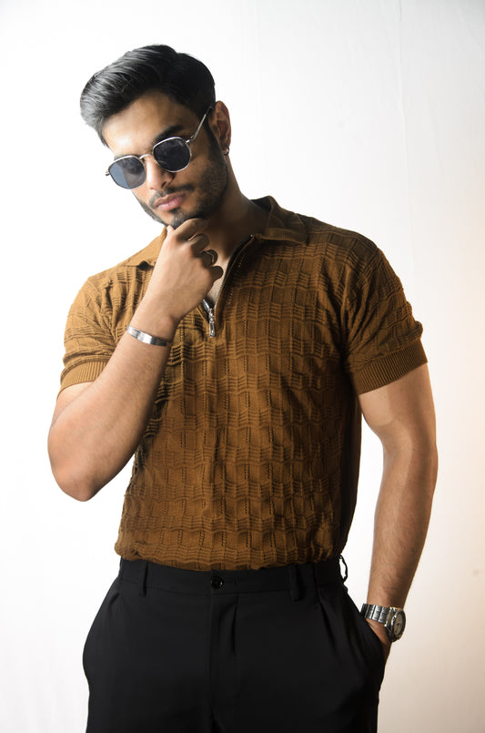 Pointel Brick Knit T-Shirt - BROWN