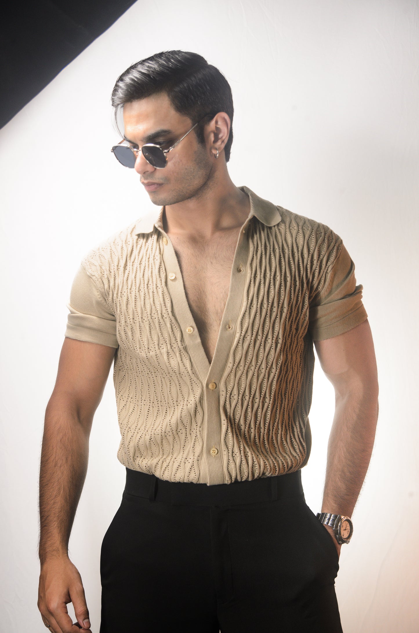 Diamond Stitch Knitted Shirt - BEIGE