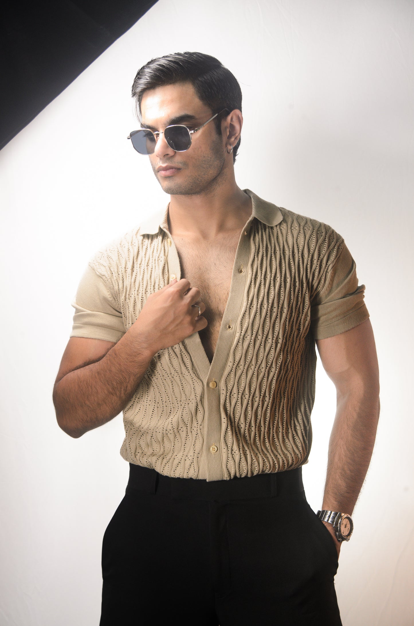 Diamond Stitch Knitted Shirt - BEIGE