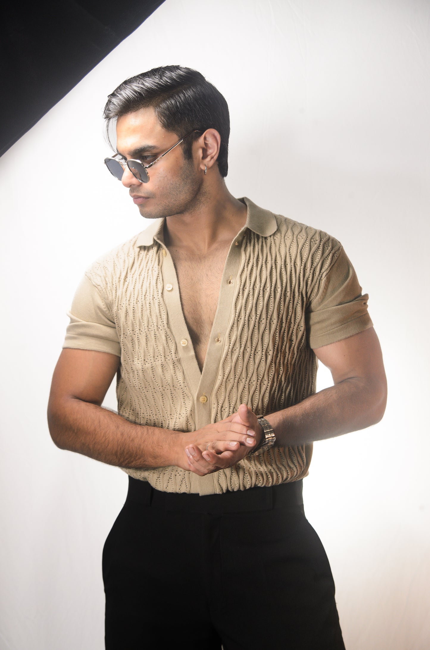 Diamond Stitch Knitted Shirt - BEIGE