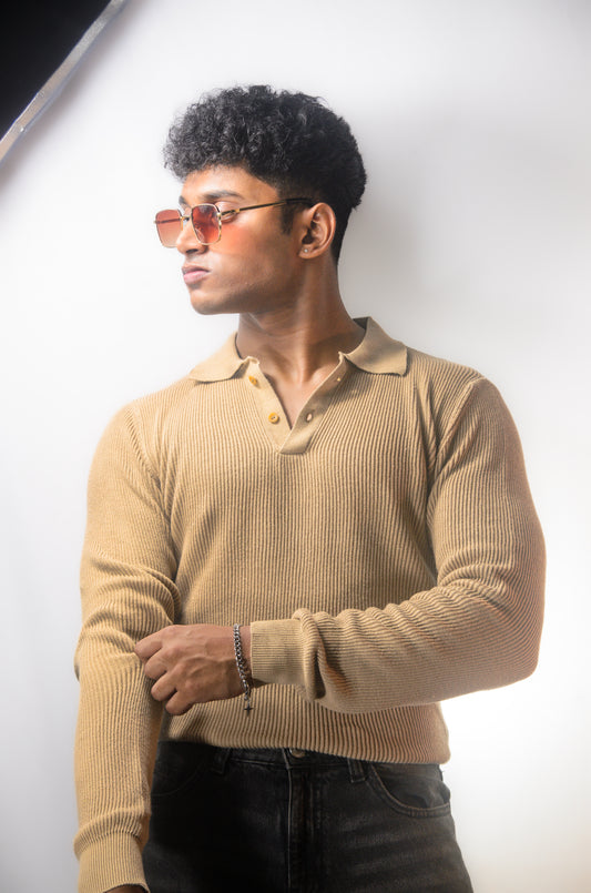 The Valmont Full Sleeve Polo - BEIGE