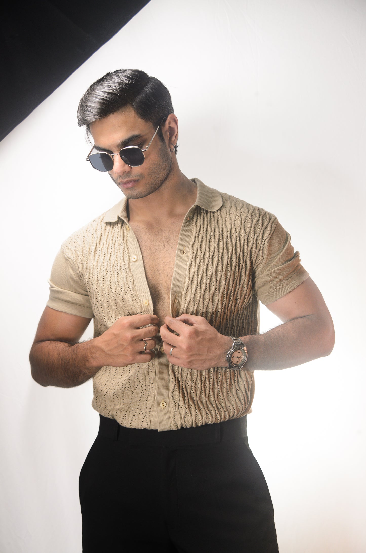 Diamond Stitch Knitted Shirt - BEIGE