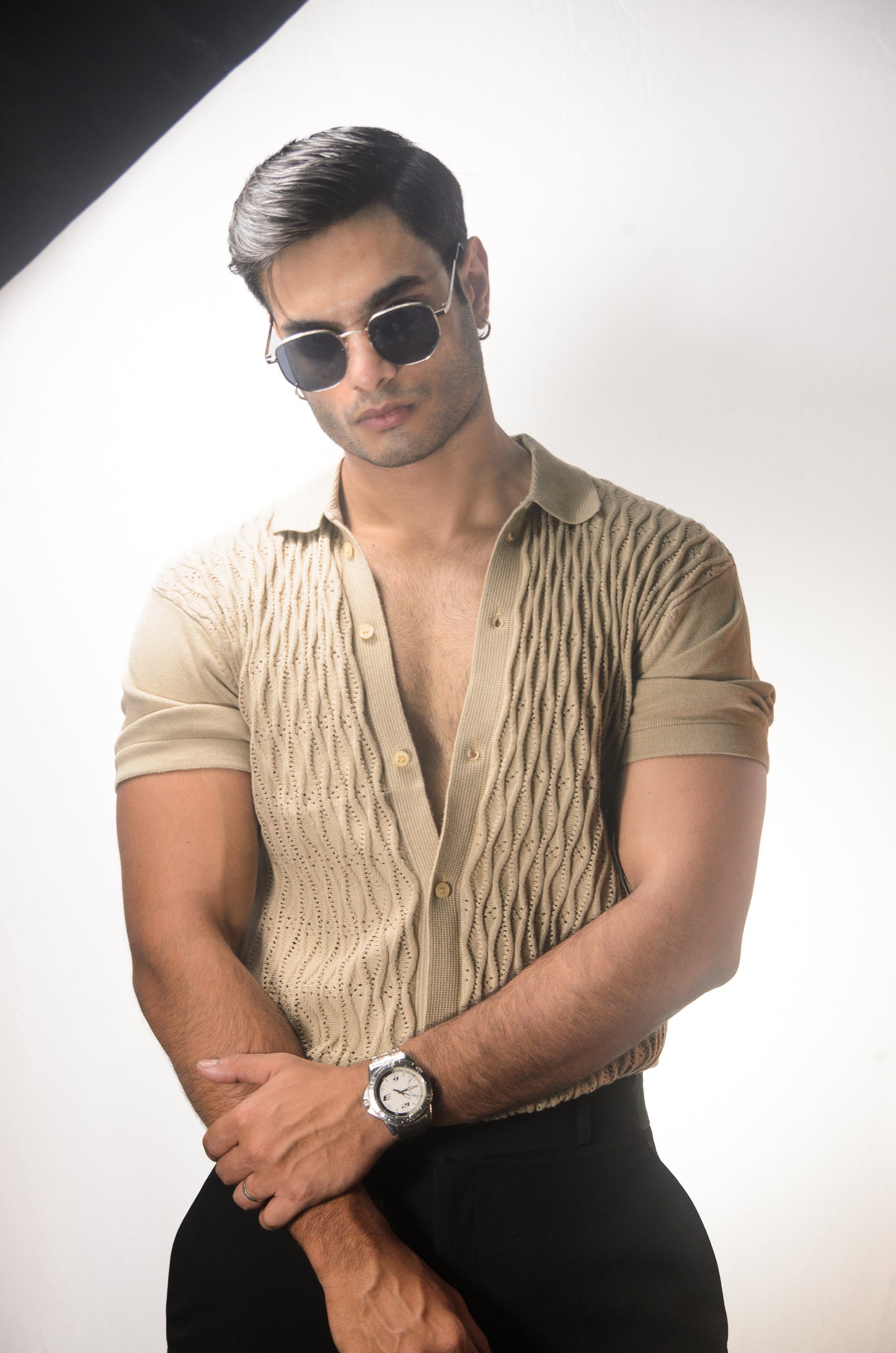 Diamond Stitch Knitted Shirt - BEIGE