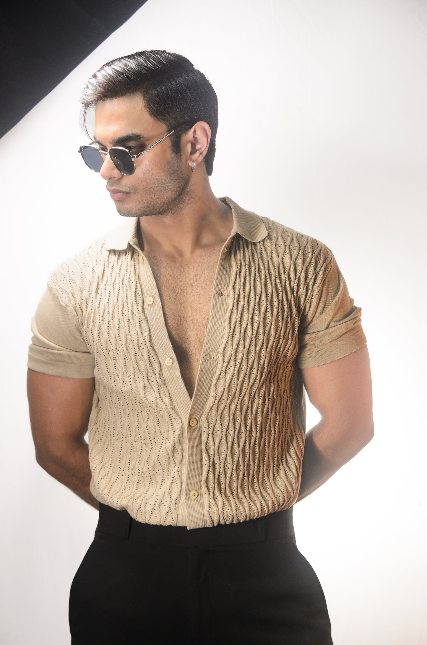 Diamond Stitch Knitted Shirt - BEIGE