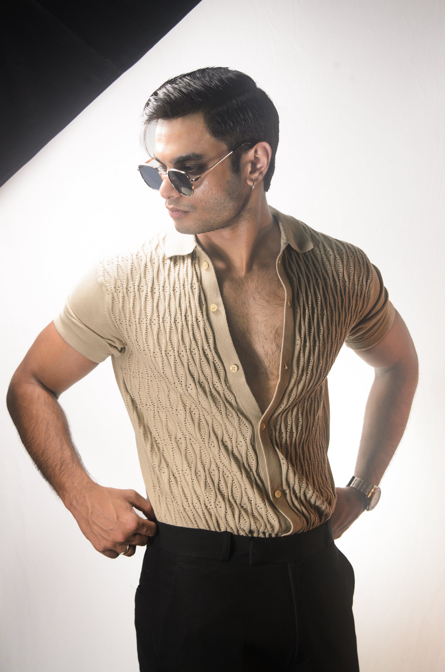 Diamond Stitch Knitted Shirt - BEIGE