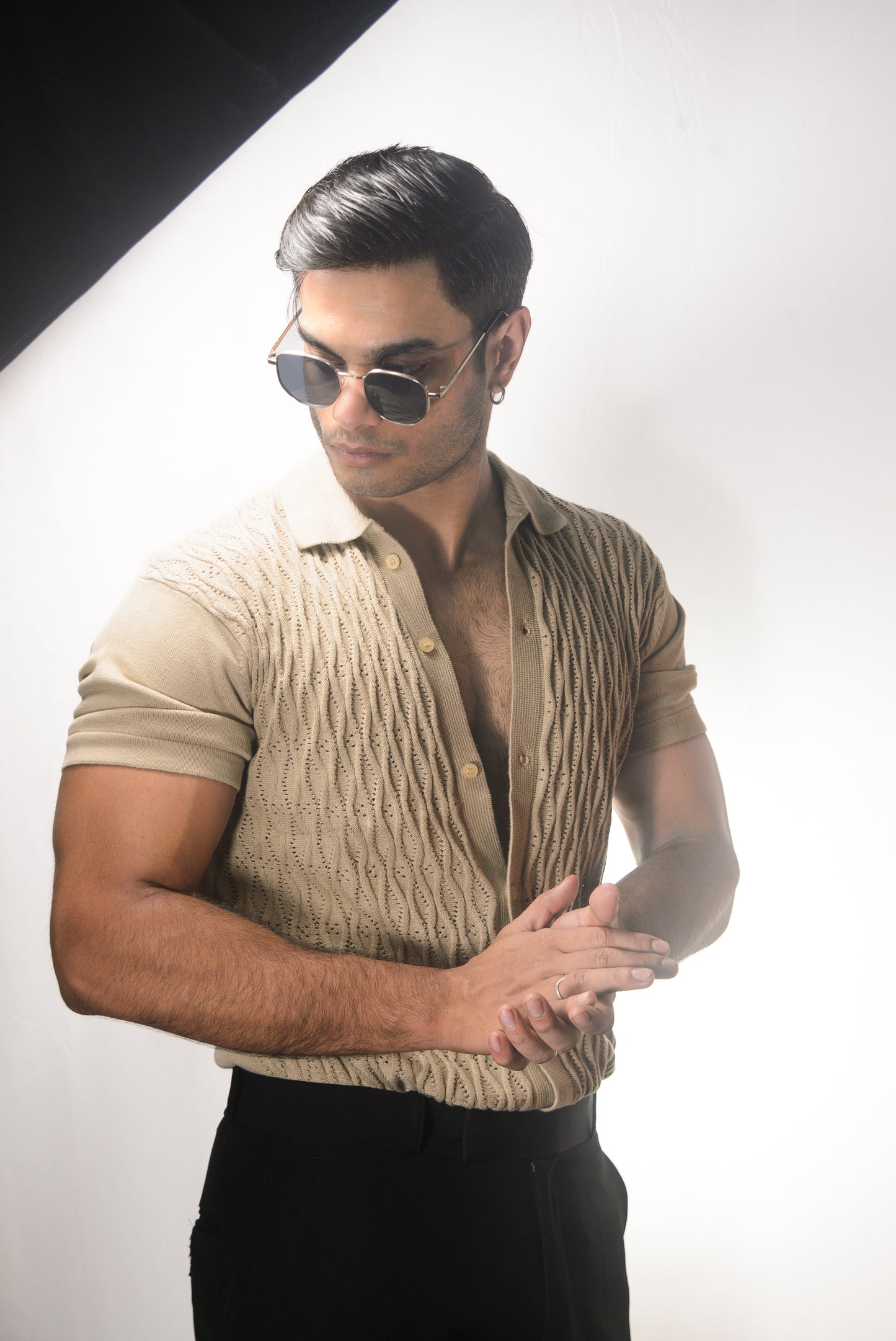 Diamond Stitch Knitted Shirt - BEIGE