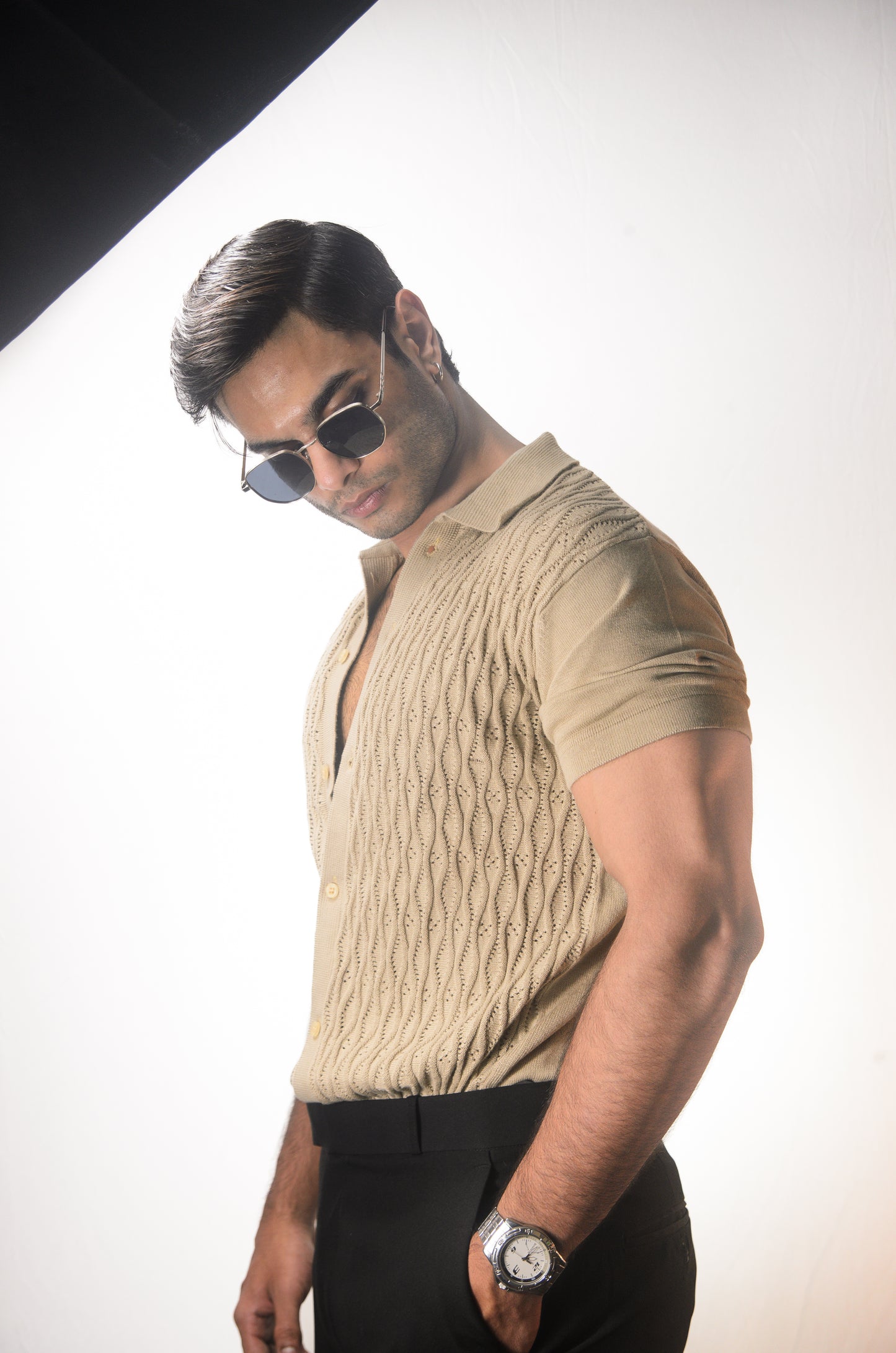 Diamond Stitch Knitted Shirt - BEIGE