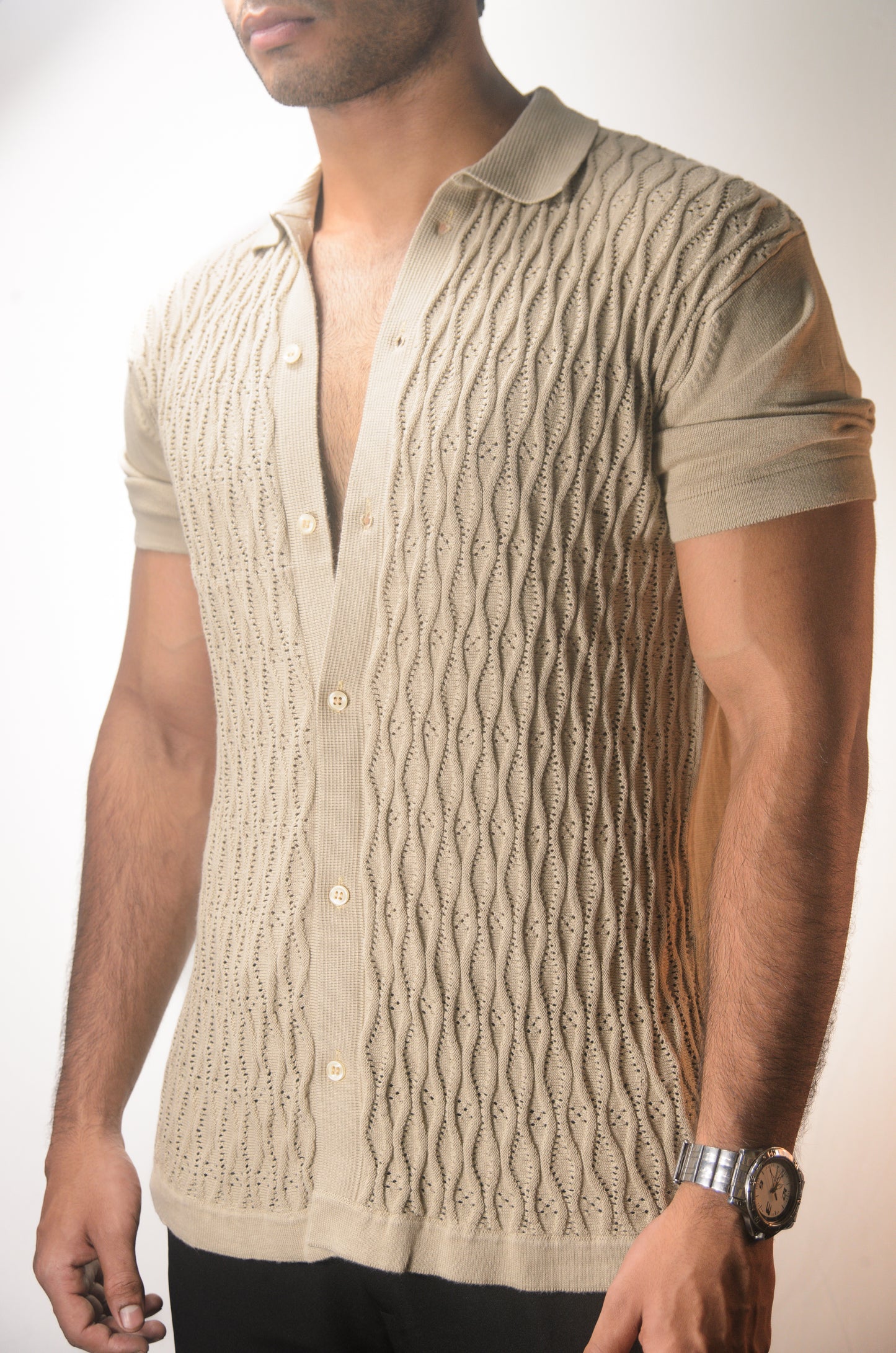 Diamond Stitch Knitted Shirt - BEIGE