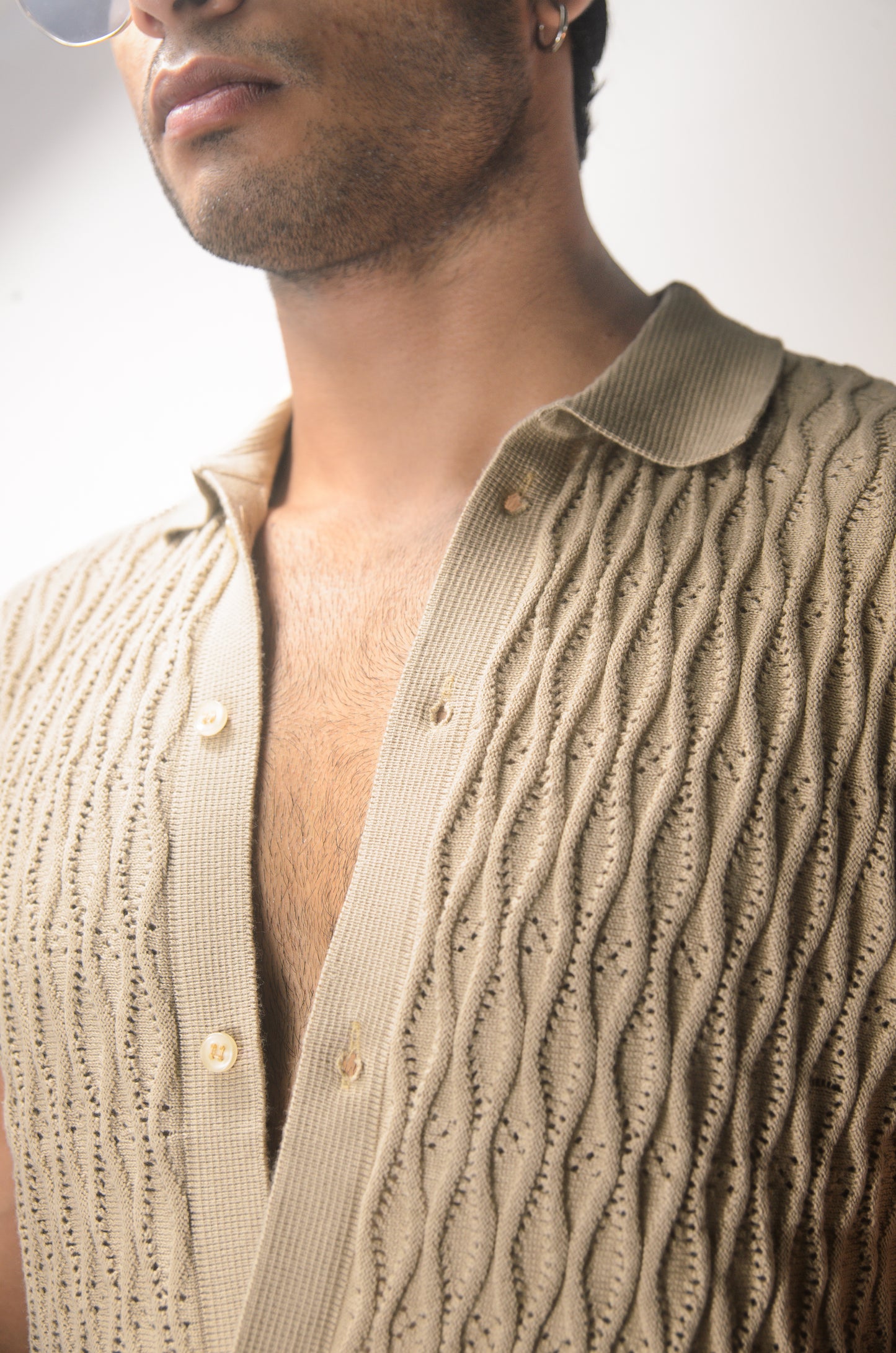 Diamond Stitch Knitted Shirt - BEIGE