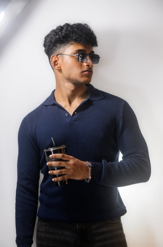The Valmont Full Sleeve Polo - NAVY