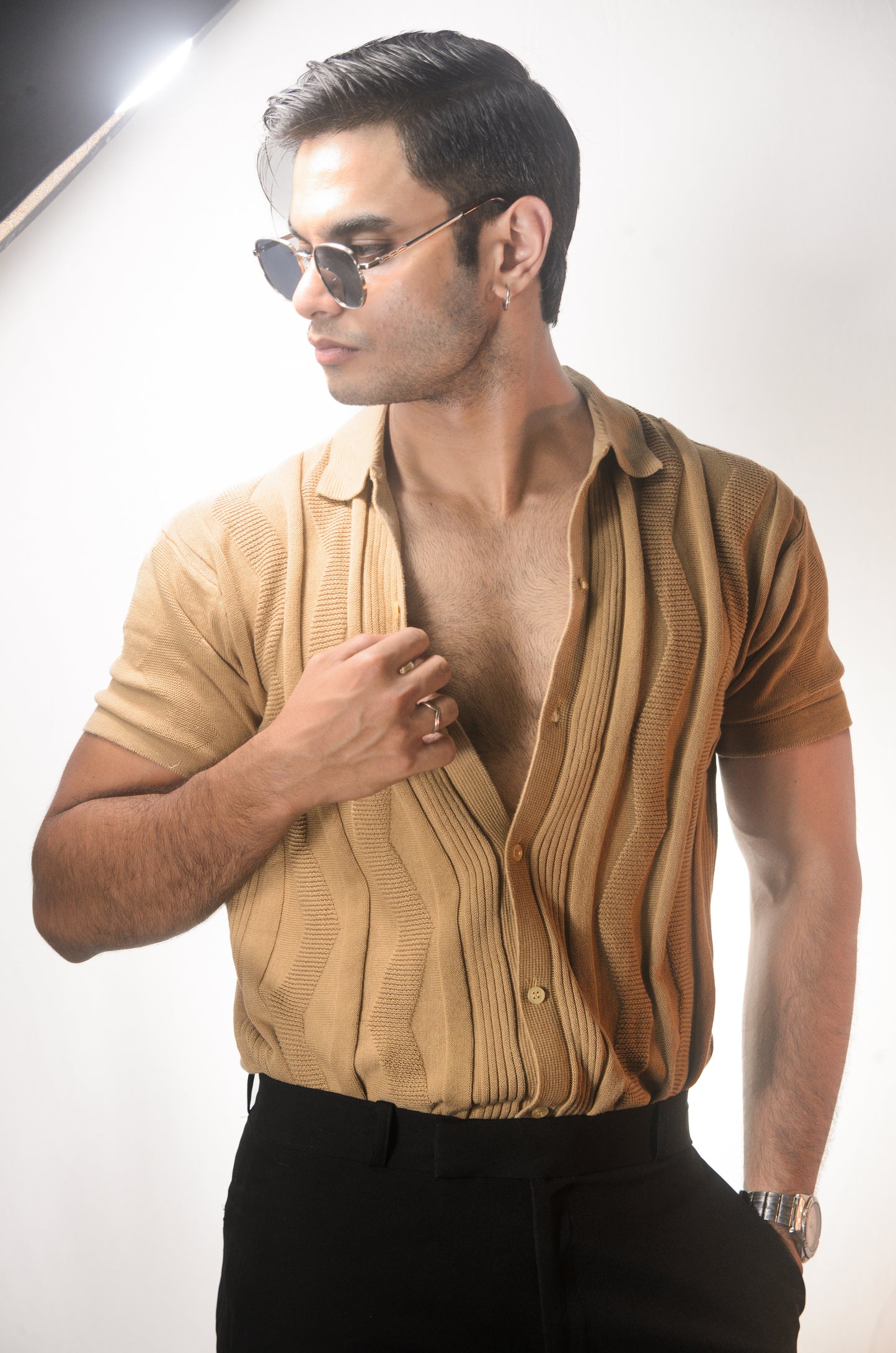 Ocean Wave Knitted Shirt - BEIGE