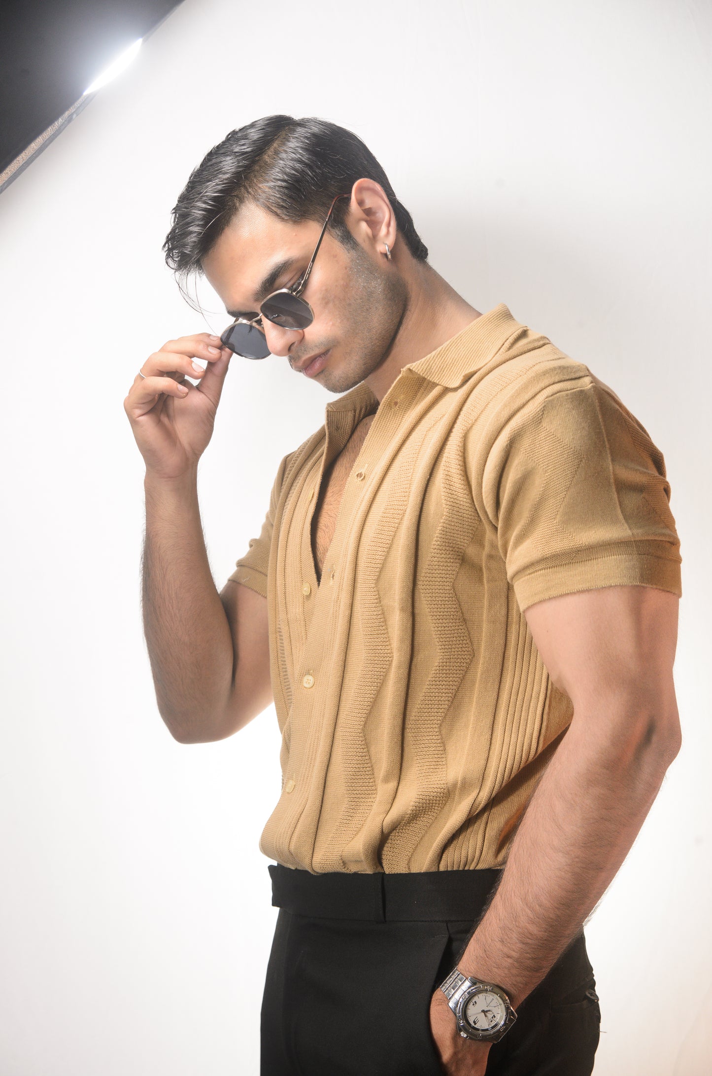 Ocean Wave Knitted Shirt - BEIGE