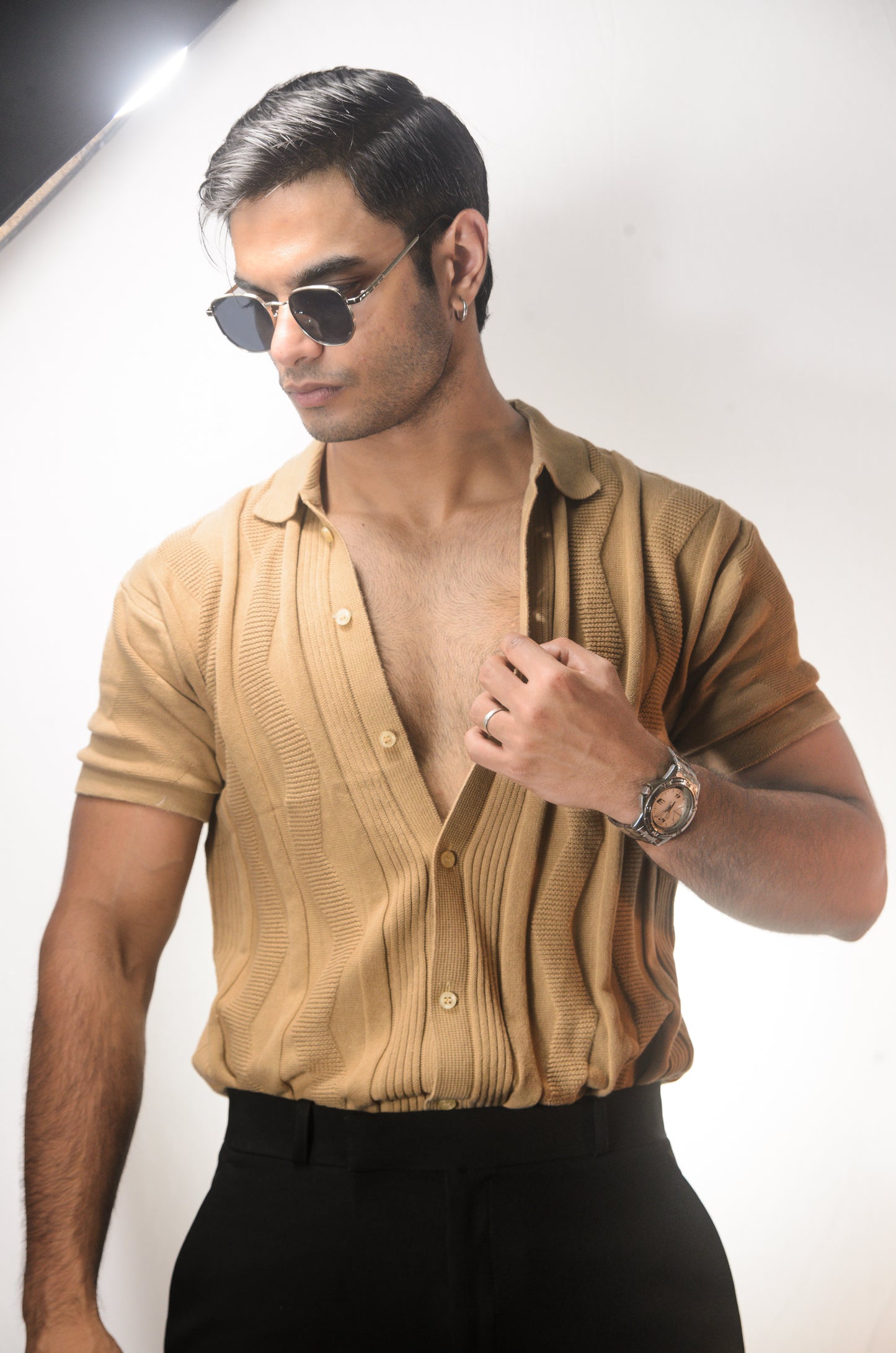 Ocean Wave Knitted Shirt - BEIGE