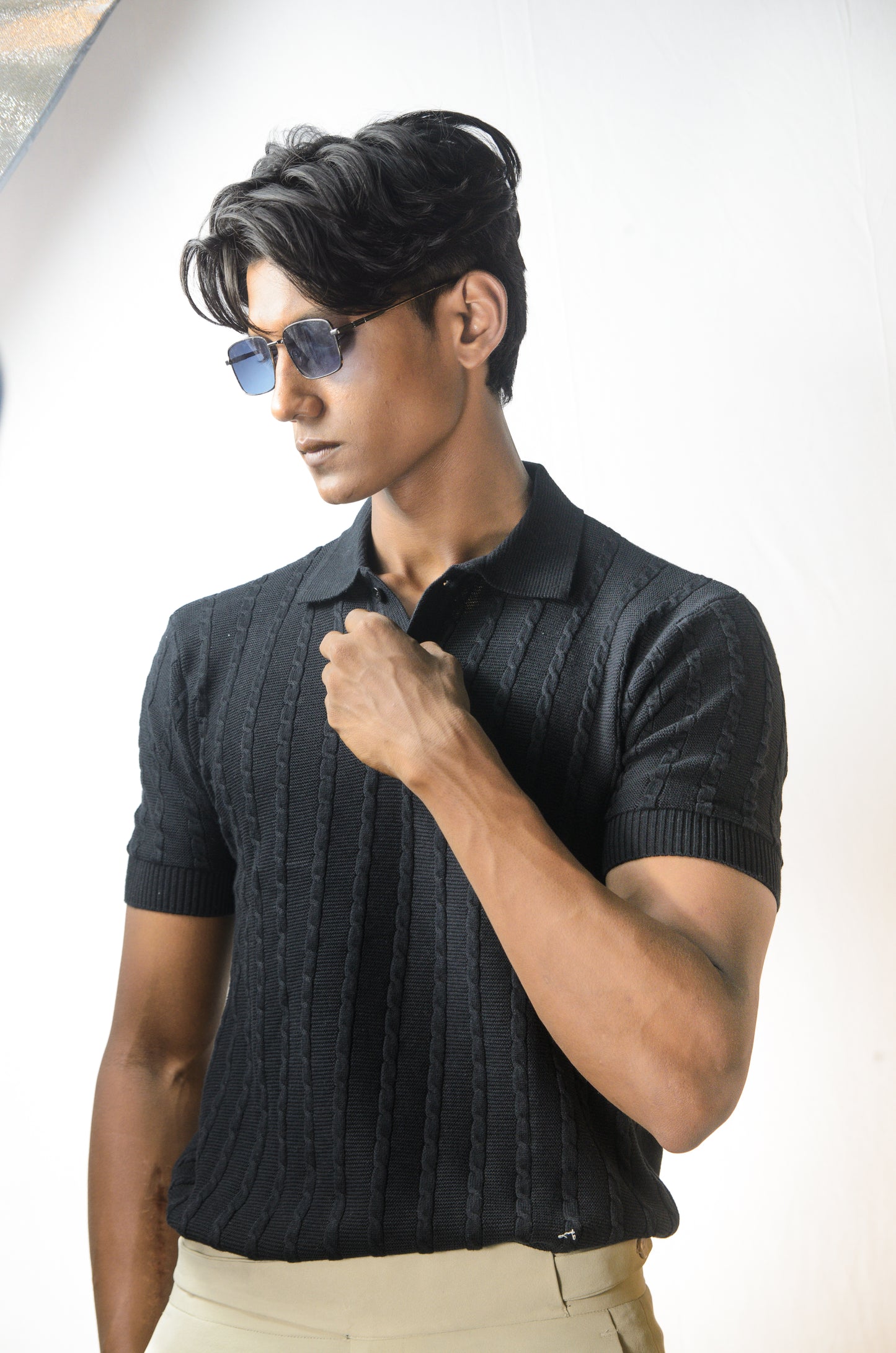 Cabel Knit T-Shirt - BLACK