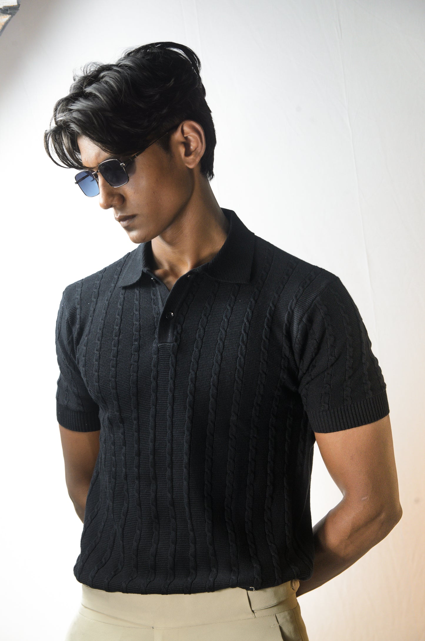 Cabel Knit T-Shirt - BLACK