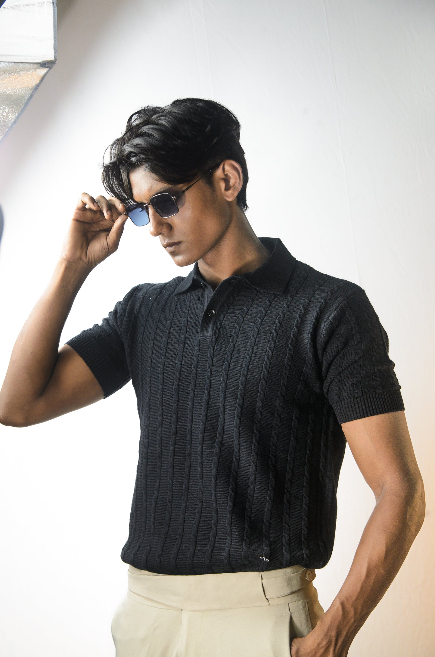 Cabel Knit T-Shirt - BLACK