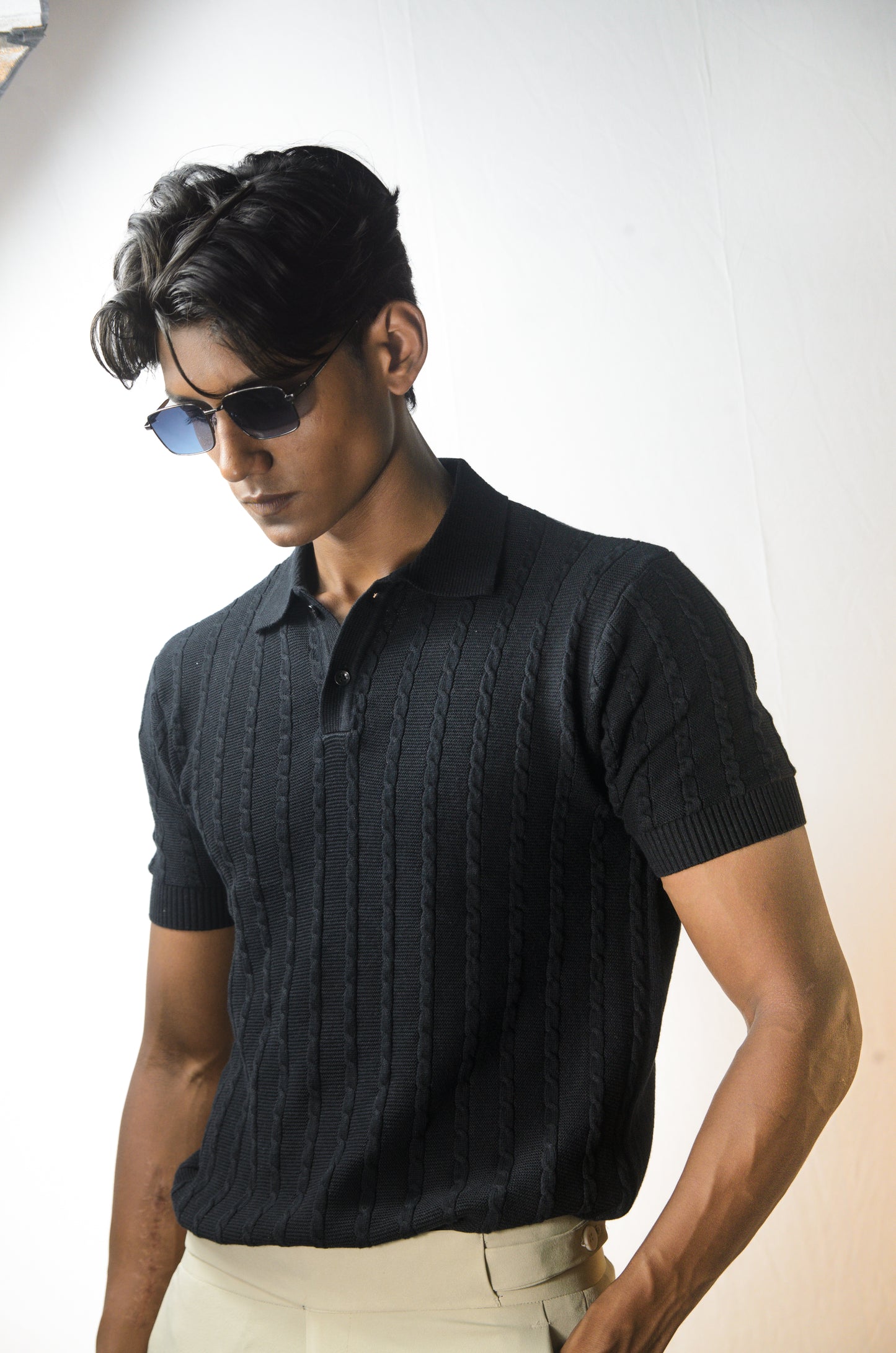 Cabel Knit T-Shirt - BLACK