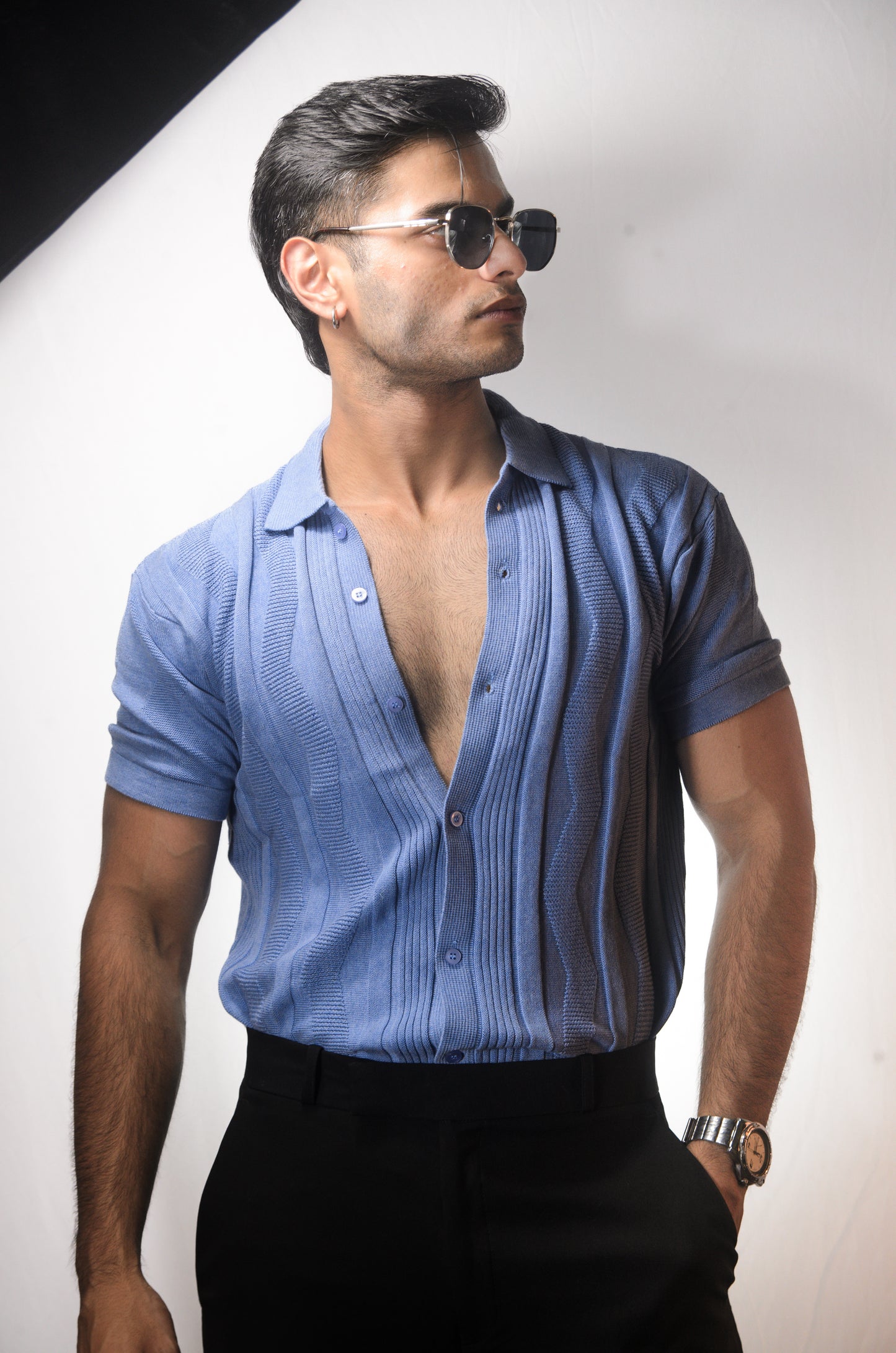 Ocean Wave Knitted Shirt - SKY BLUE