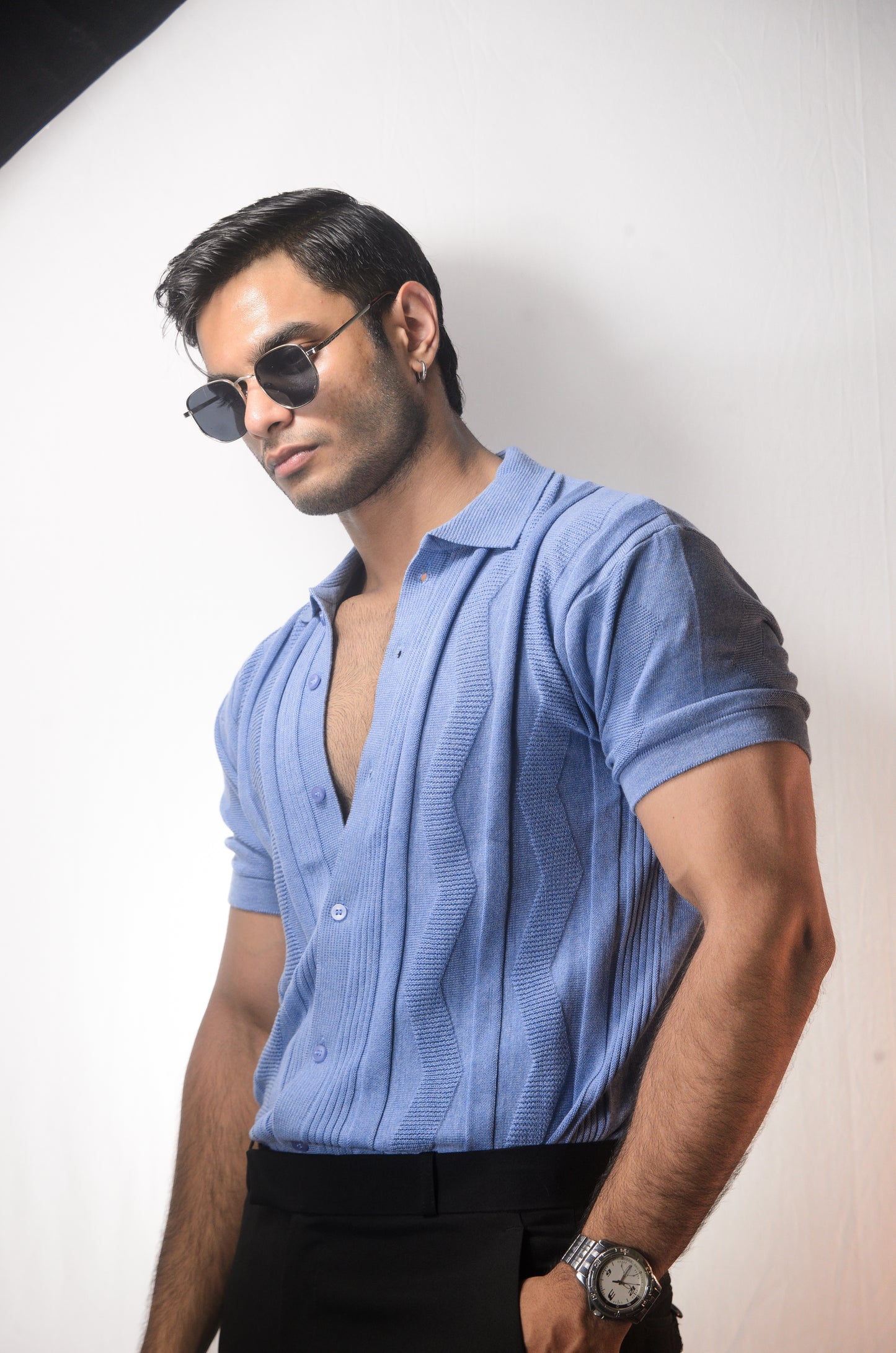 Ocean Wave Knitted Shirt - SKY BLUE