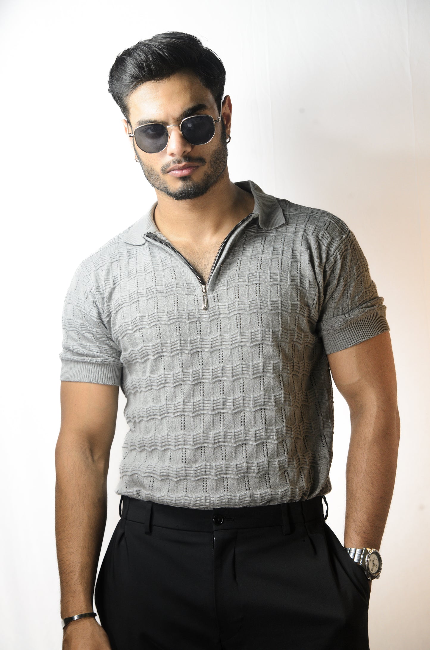 Pointel Brick Knit T-Shirt - STEEL GREY