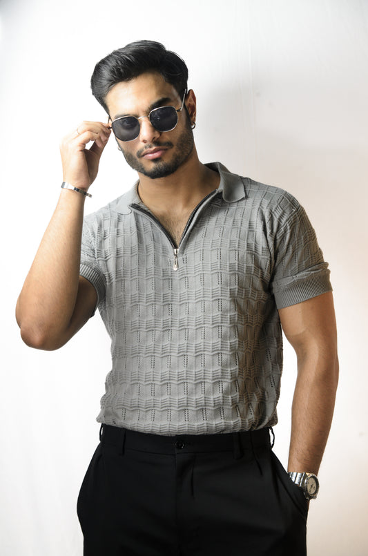 Pointel Brick Knit T-Shirt - STEEL GREY