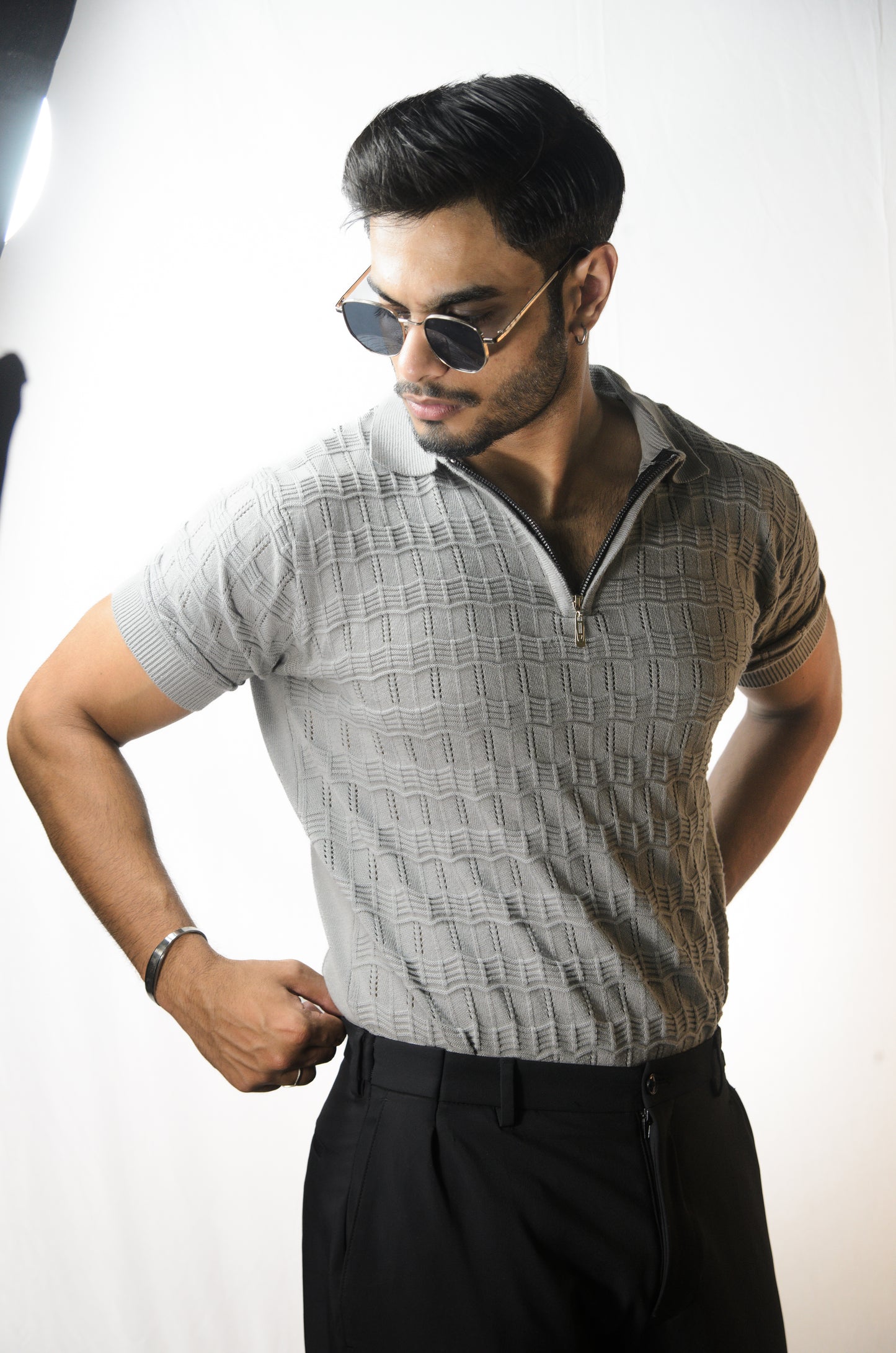 Pointel Brick Knit T-Shirt - STEEL GREY