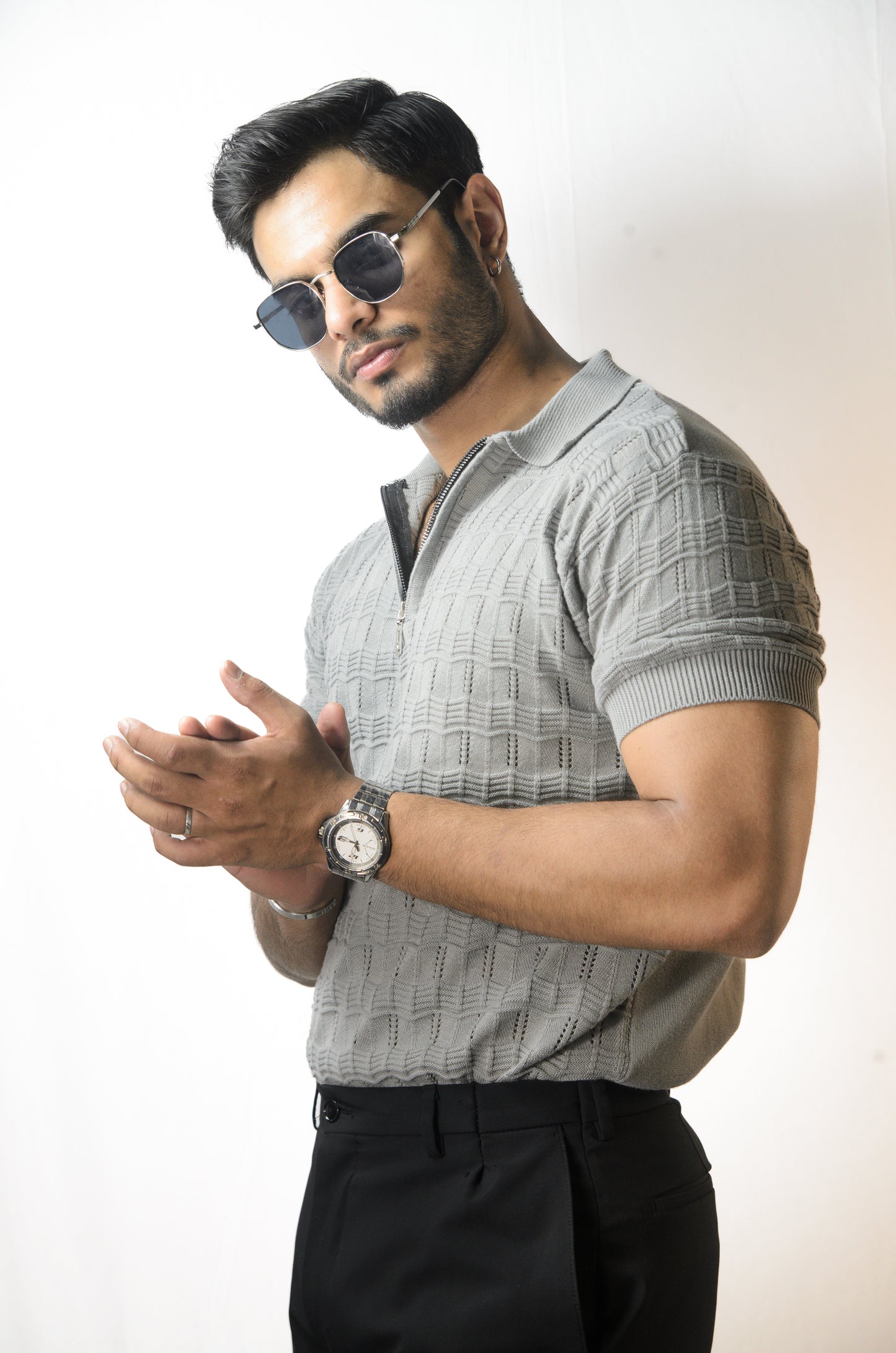 Pointel Brick Knit T-Shirt - STEEL GREY