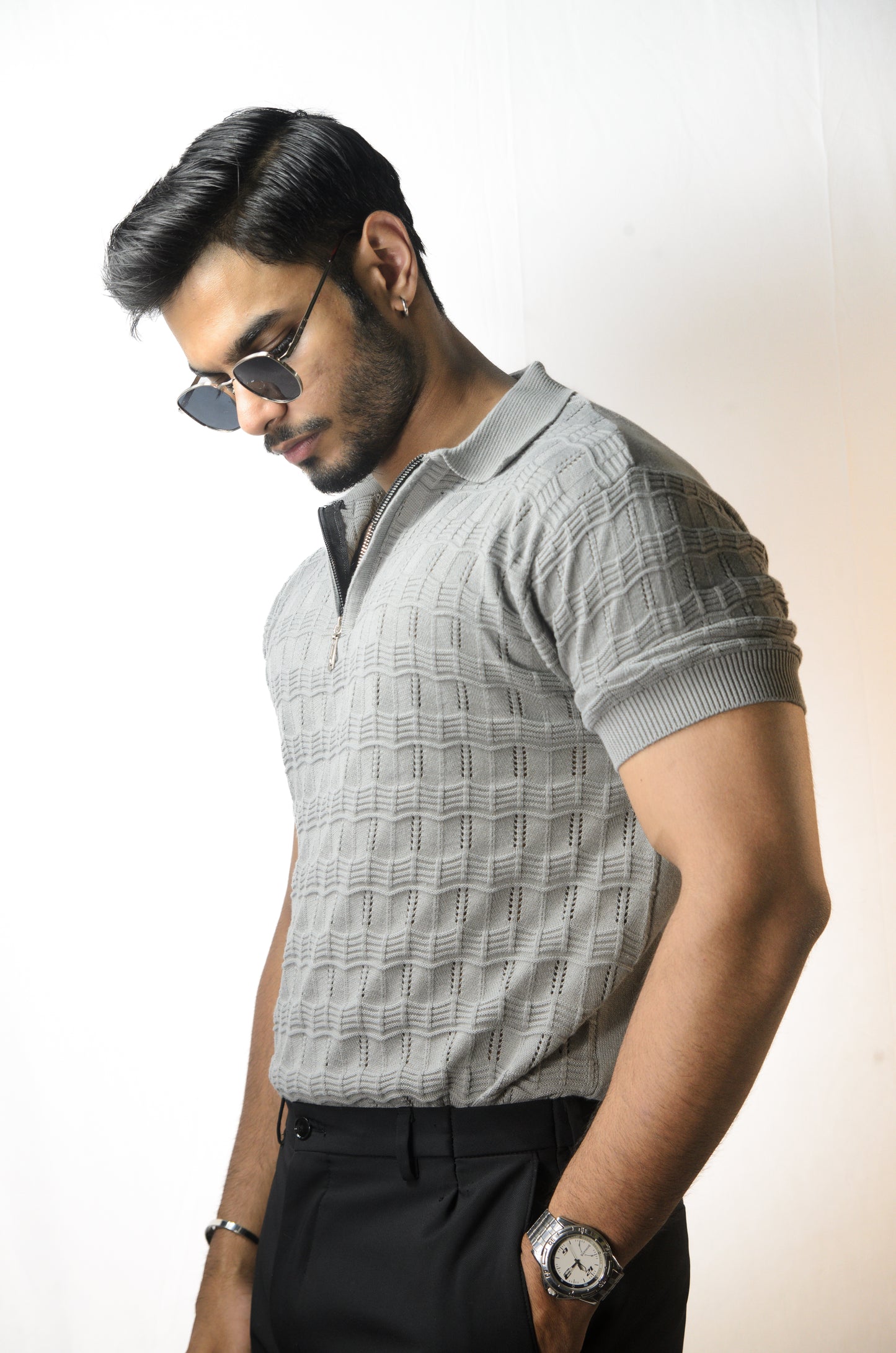 Pointel Brick Knit T-Shirt - STEEL GREY