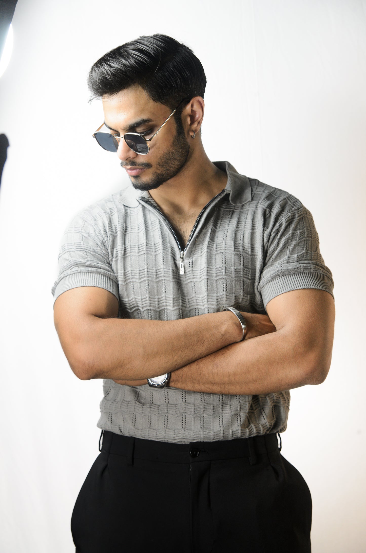 Pointel Brick Knit T-Shirt - STEEL GREY