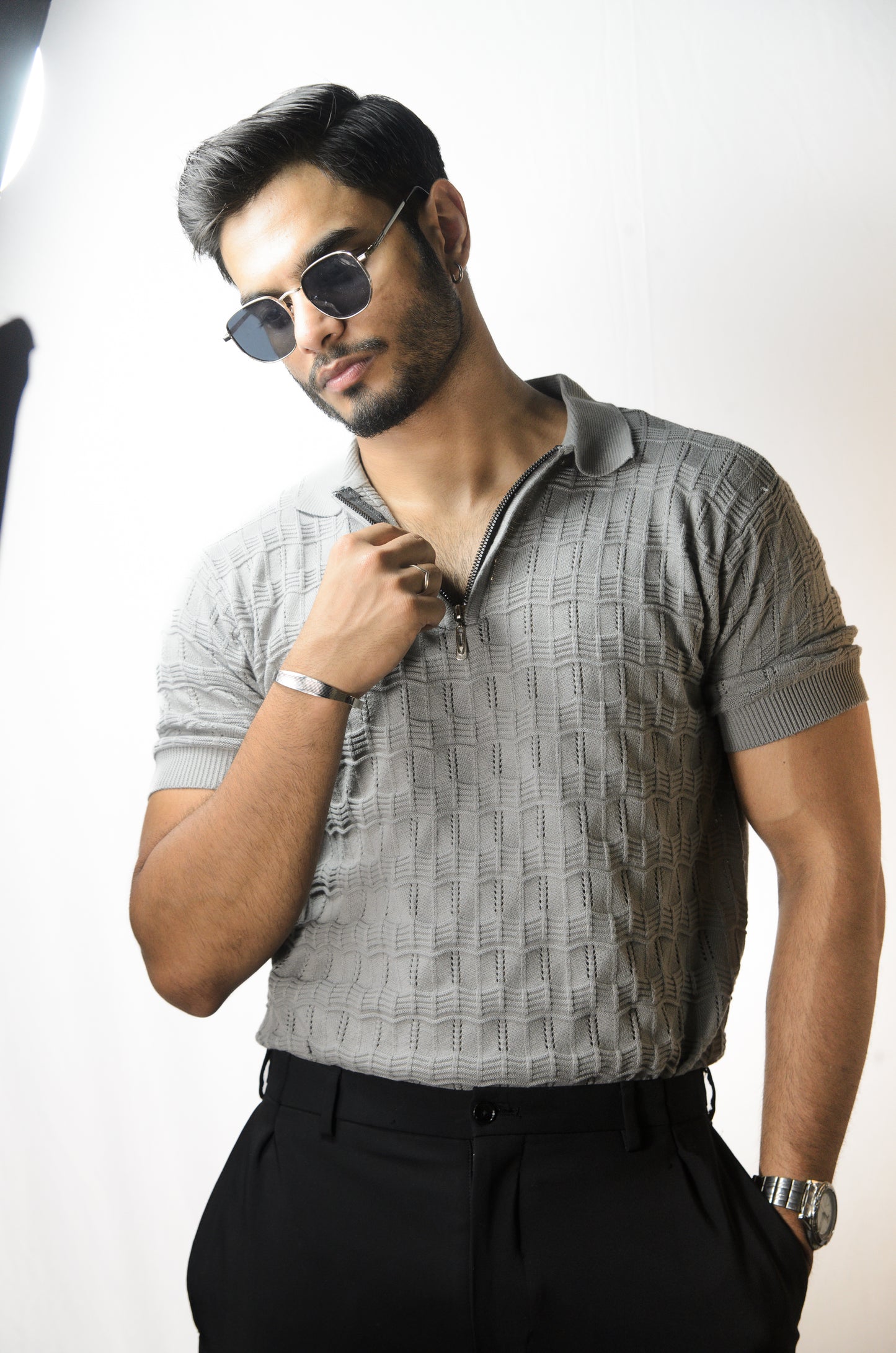 Pointel Brick Knit T-Shirt - STEEL GREY