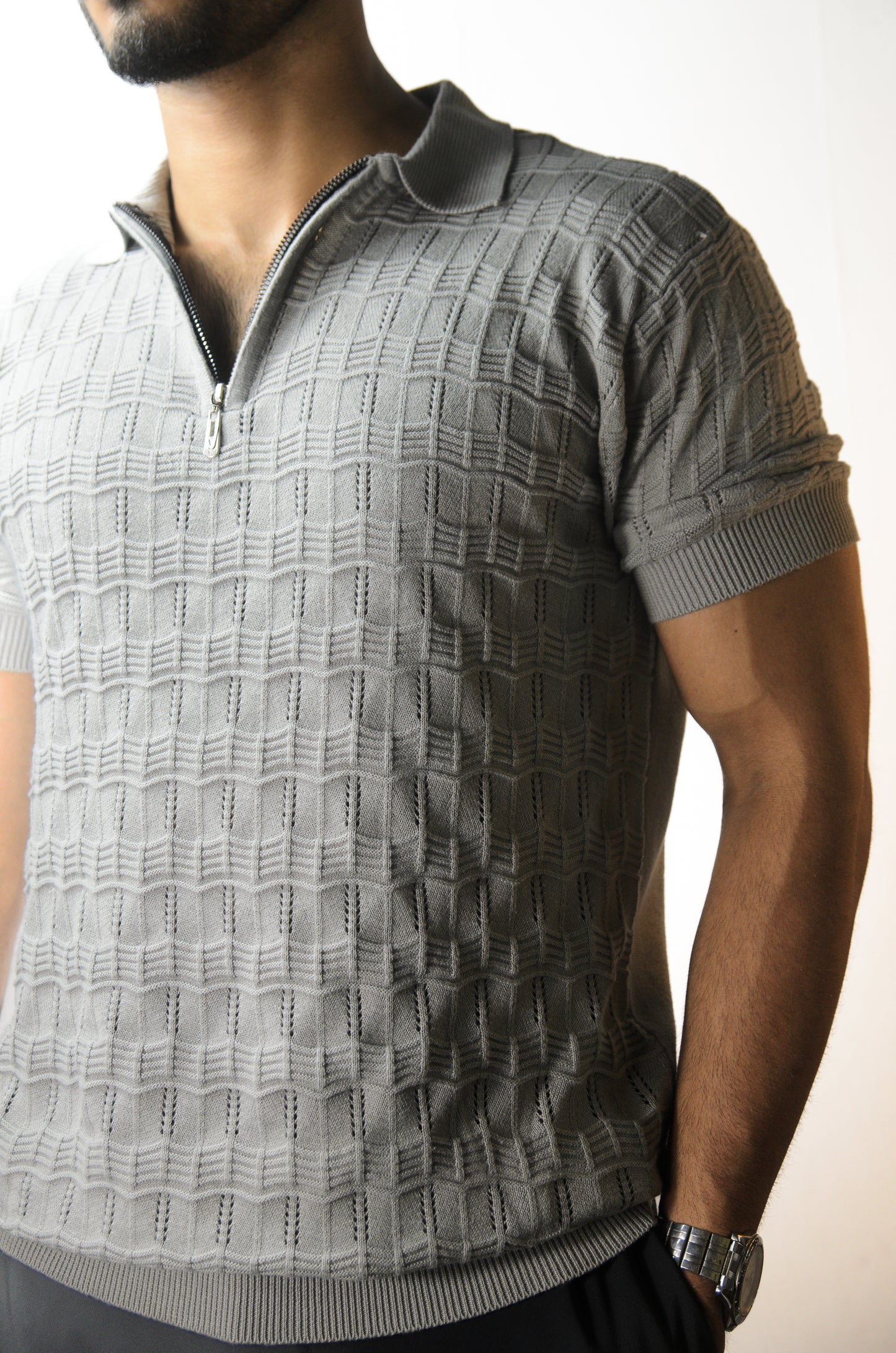 Pointel Brick Knit T-Shirt - STEEL GREY