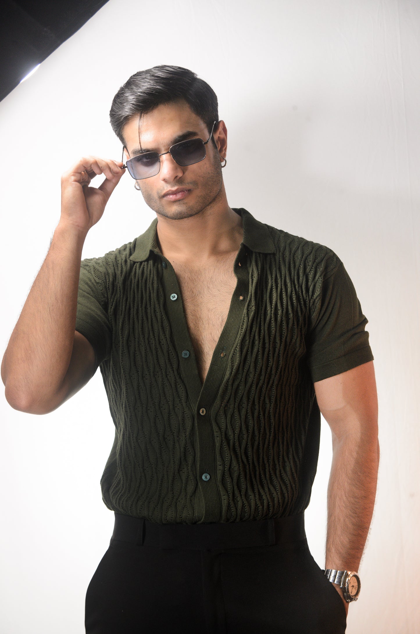 Diamond Stitch Knitted Shirt - OLIVE GREEN