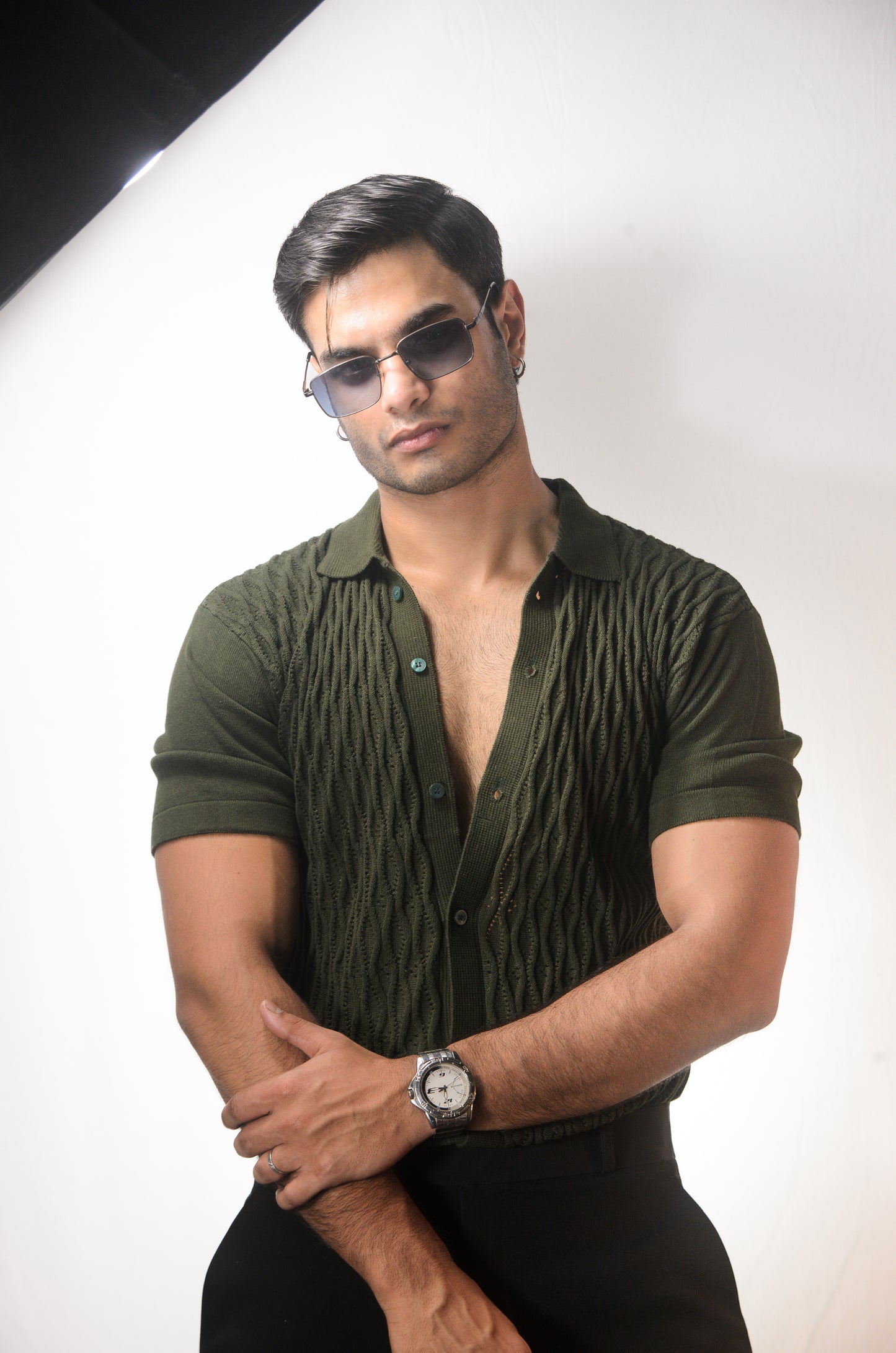 Diamond Stitch Knitted Shirt - OLIVE GREEN
