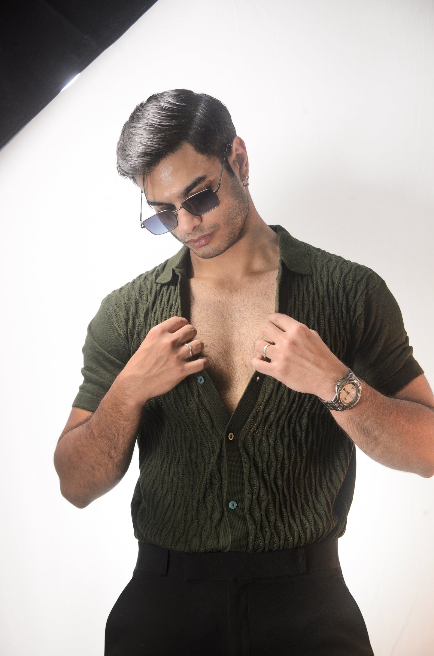 Diamond Stitch Knitted Shirt - OLIVE GREEN