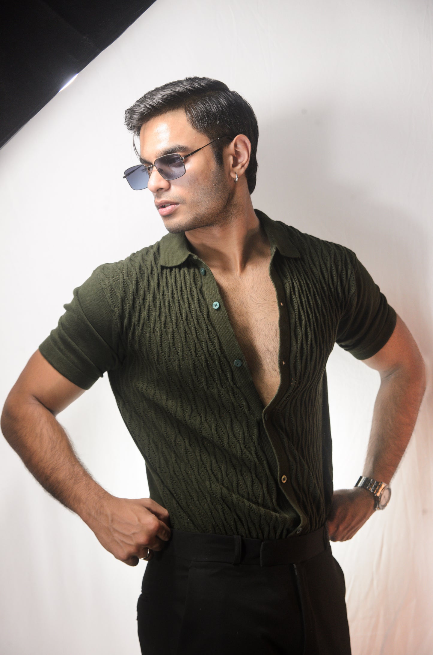 Diamond Stitch Knitted Shirt - OLIVE GREEN