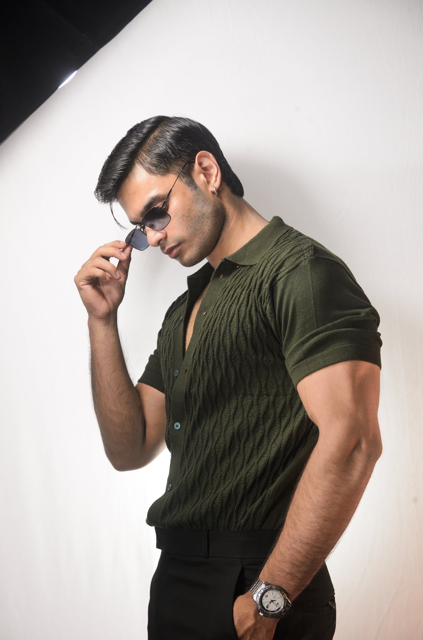 Diamond Stitch Knitted Shirt - OLIVE GREEN