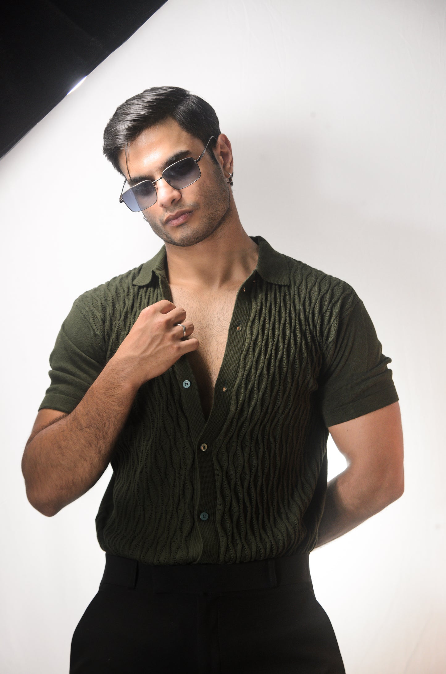 Diamond Stitch Knitted Shirt - OLIVE GREEN