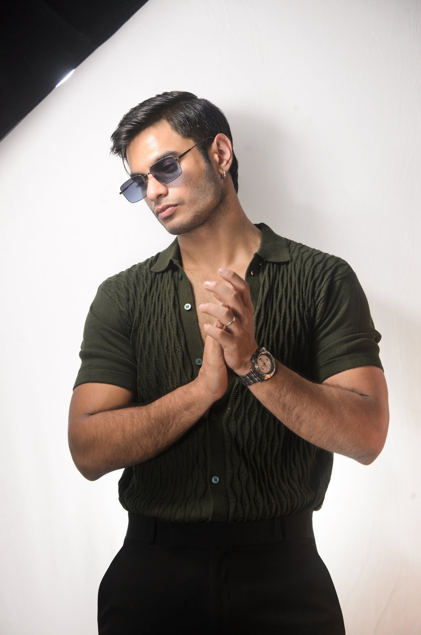 Diamond Stitch Knitted Shirt - OLIVE GREEN