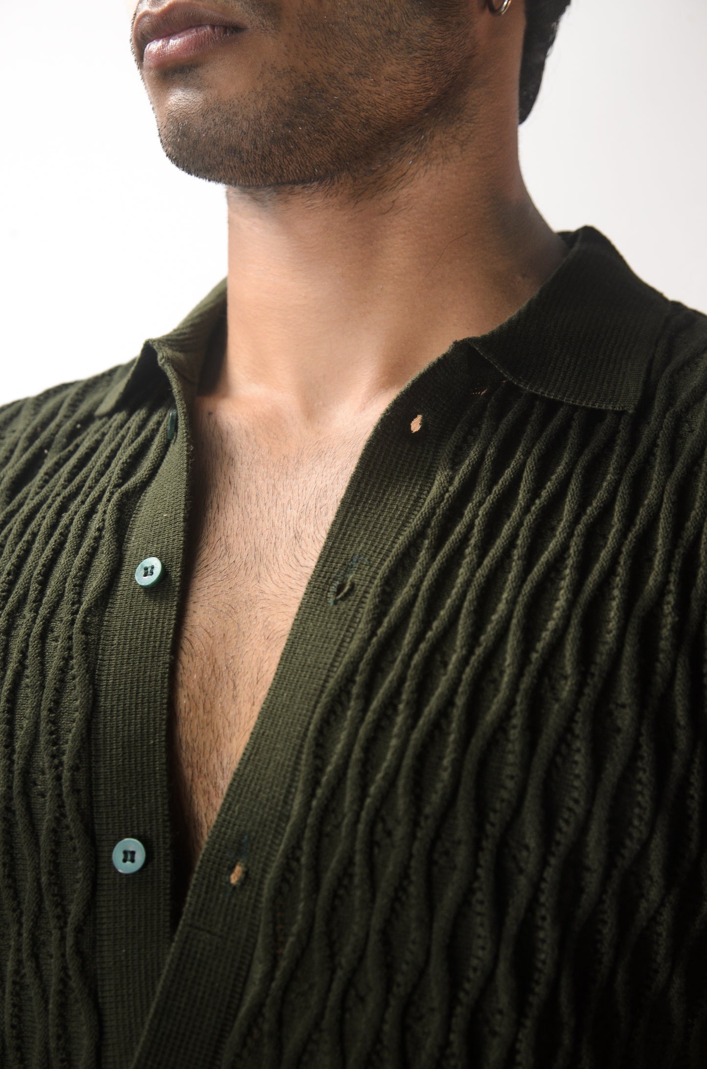 Diamond Stitch Knitted Shirt - OLIVE GREEN