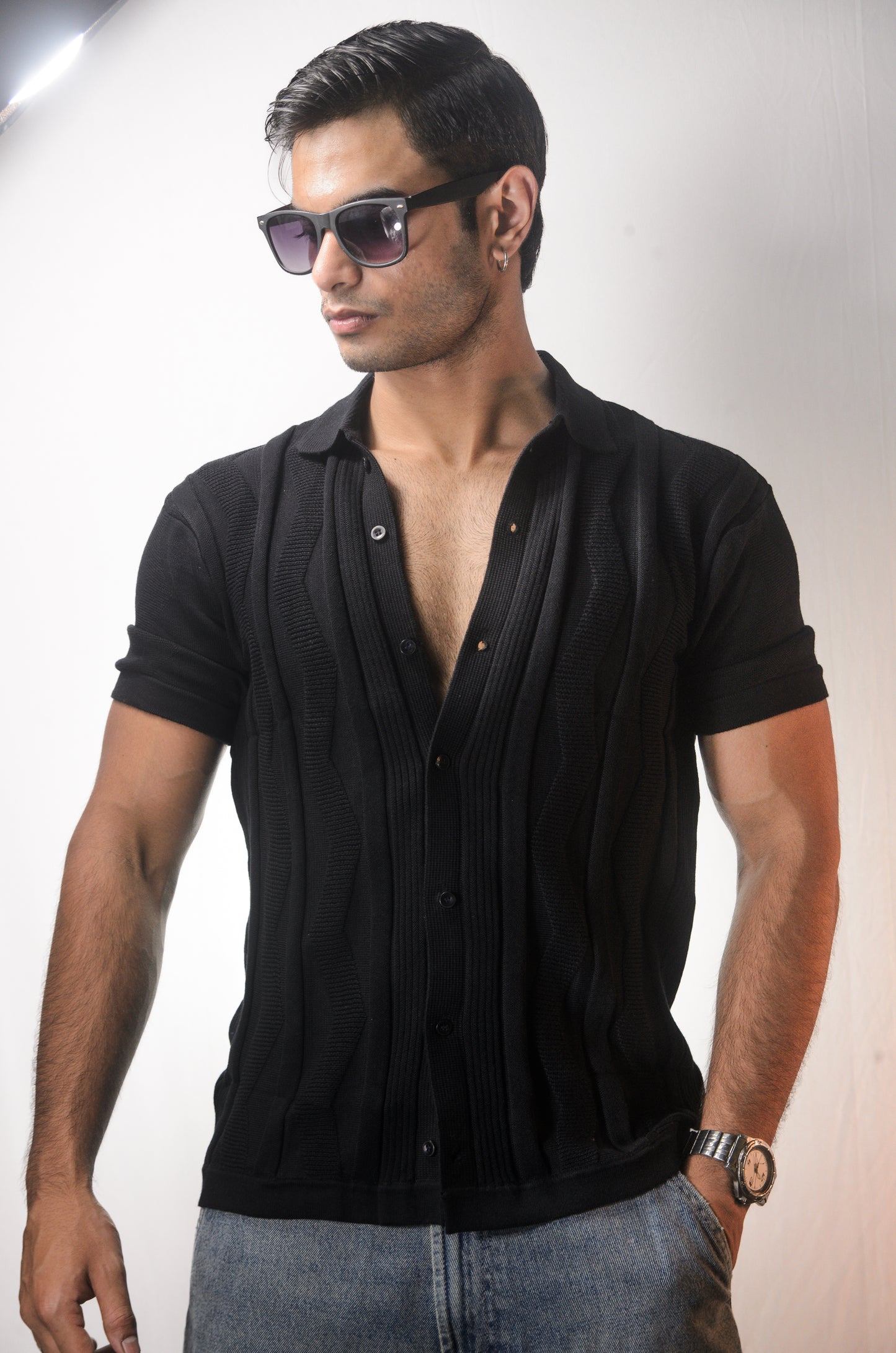 Ocean Wave Knitted Shirt - BLACK