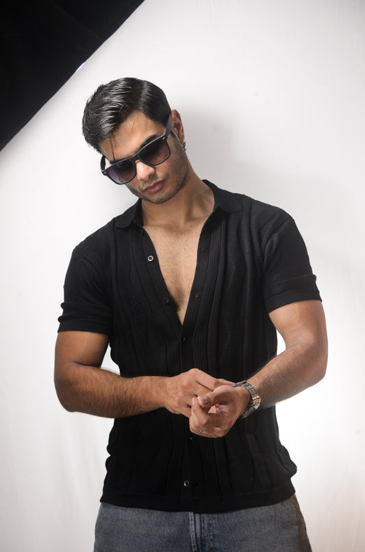 Ocean Wave Knitted Shirt - BLACK