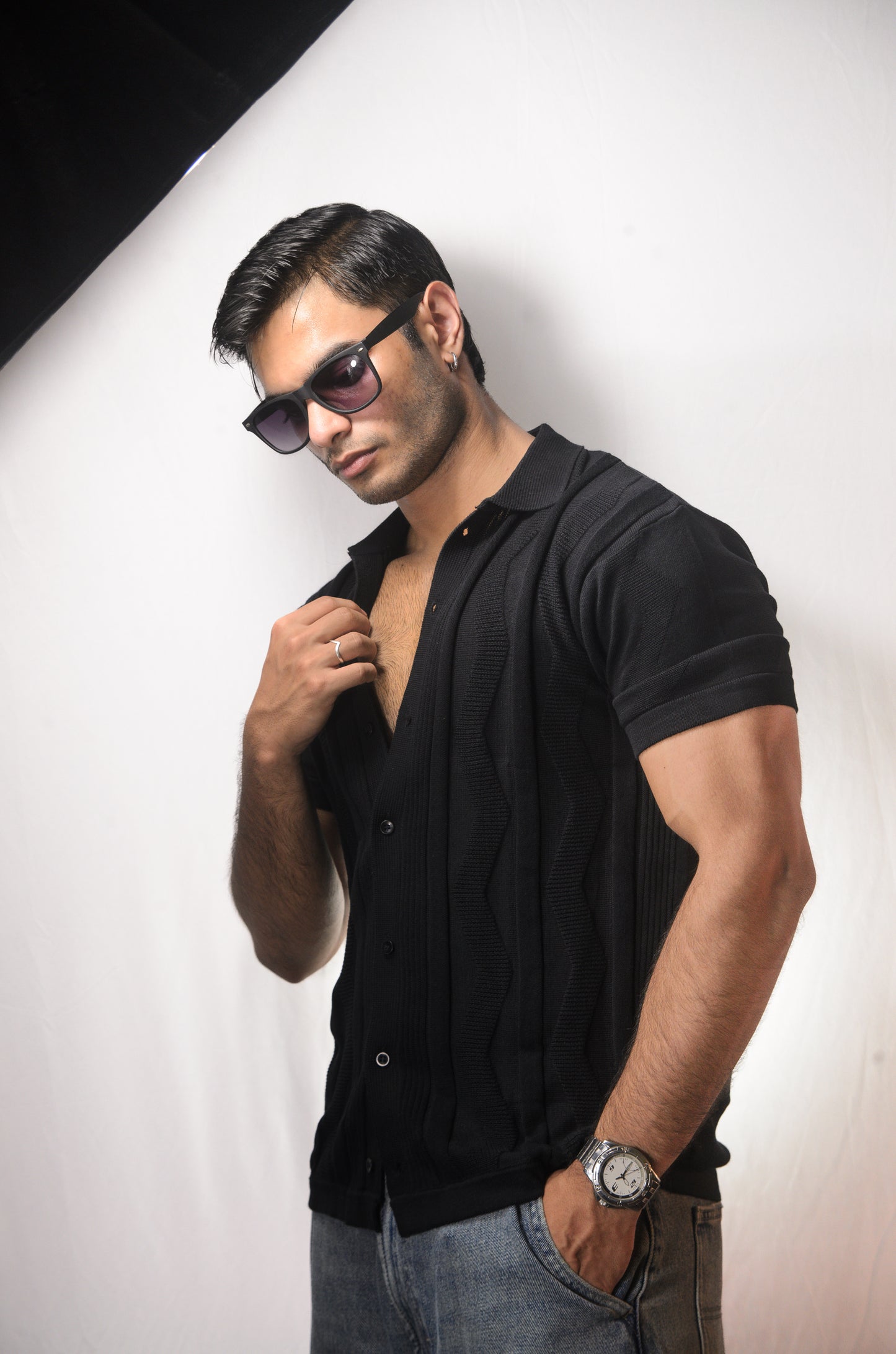 Ocean Wave Knitted Shirt - BLACK