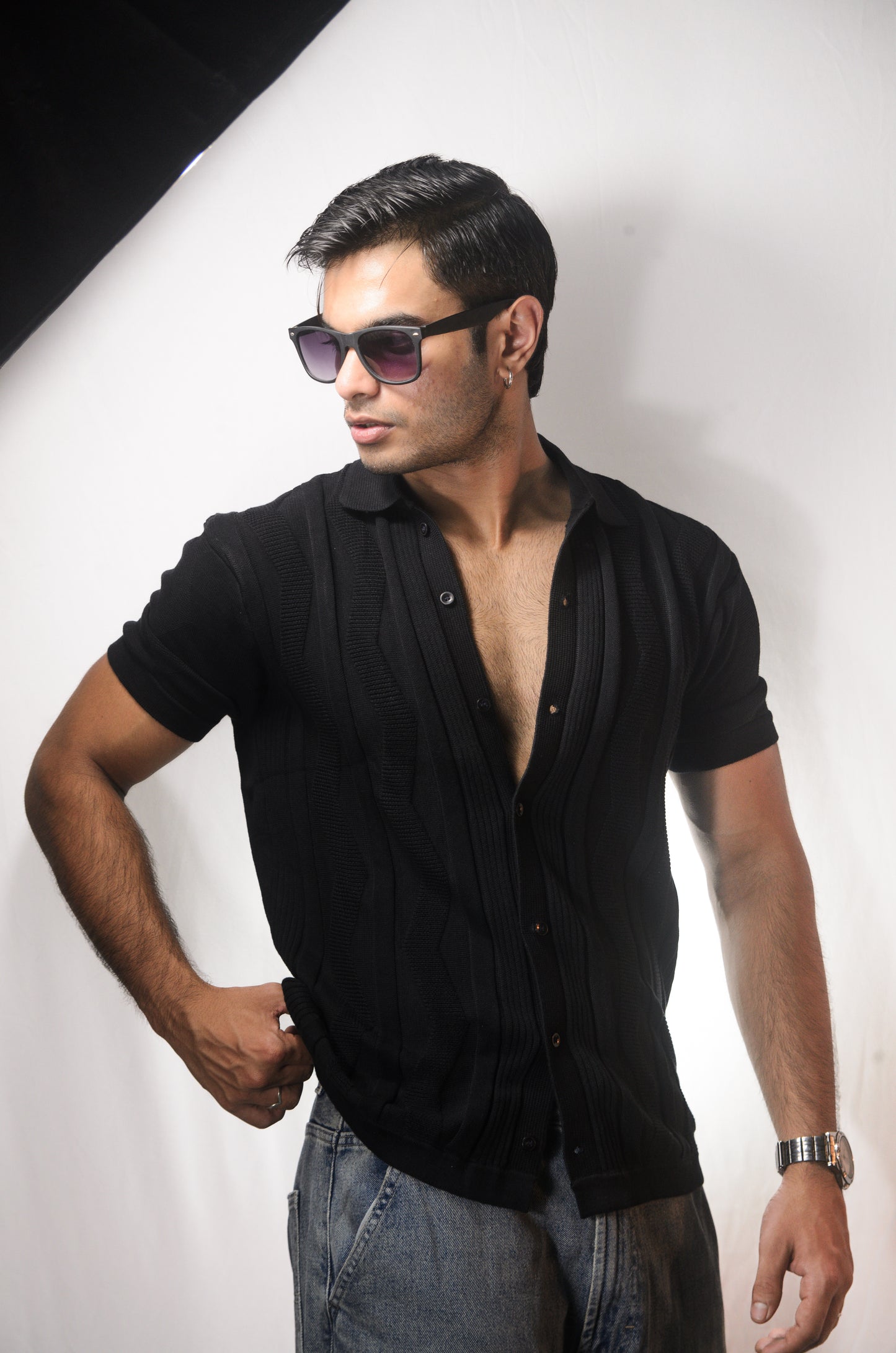 Ocean Wave Knitted Shirt - BLACK