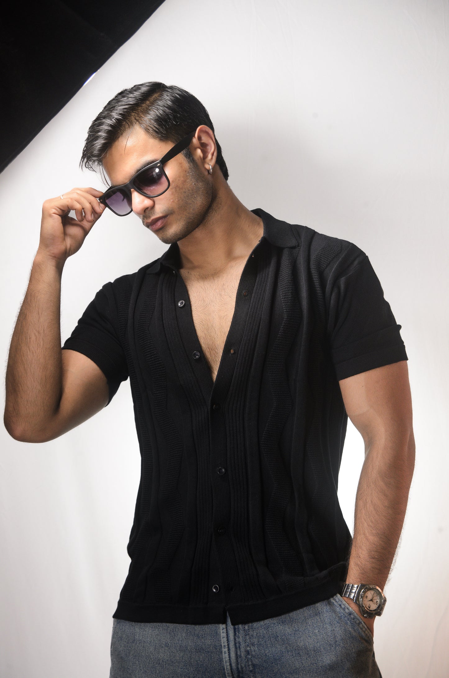 Ocean Wave Knitted Shirt - BLACK